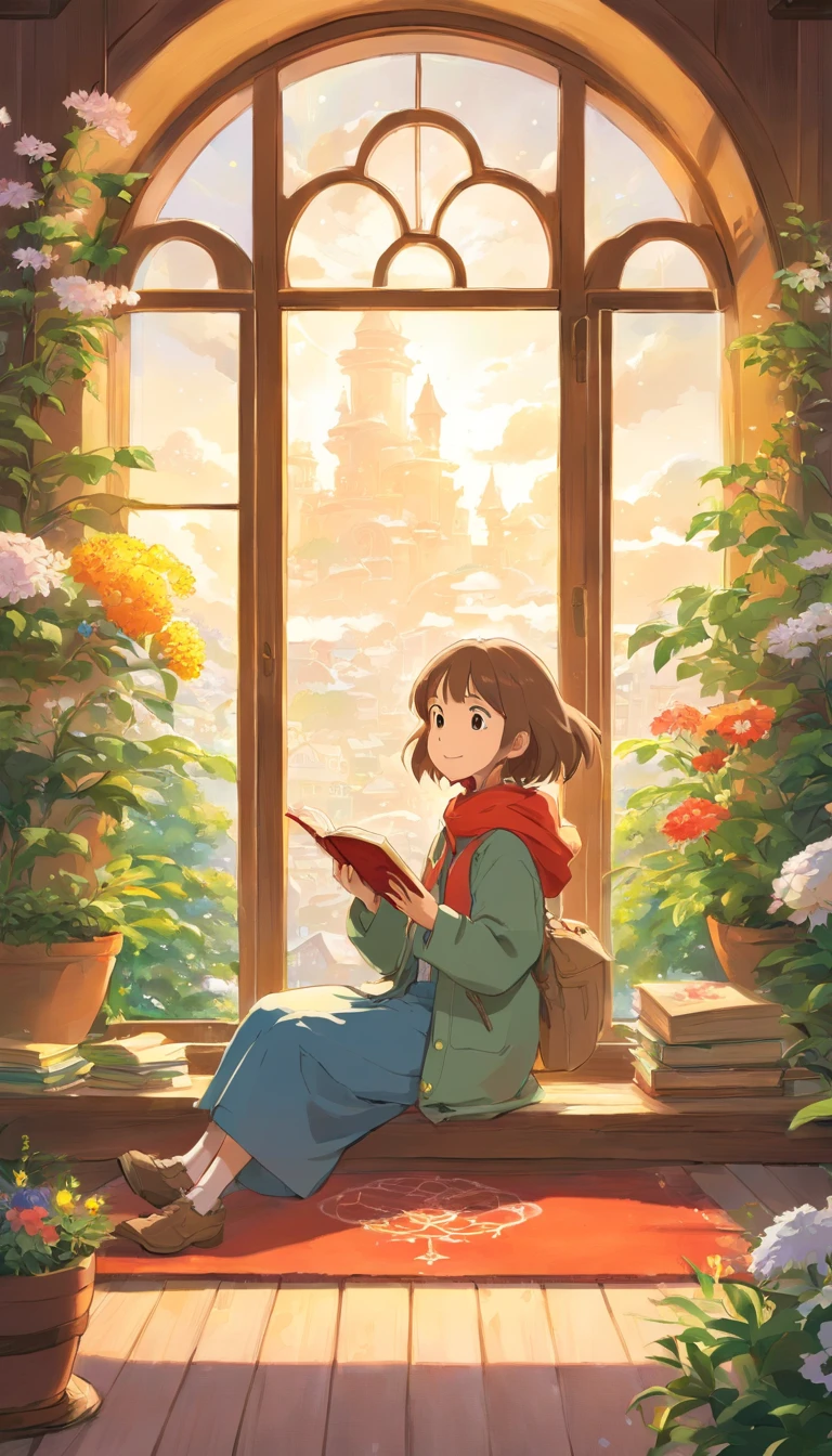 heal,Reject EMO,Very happy,Very happy,Face life with a smile,rays of sunshine,long whitr hair,down jacket,Cloud commissary,Cloud pillows,It was snowing outside the window,Oversized round windows,snowflower,looking at book