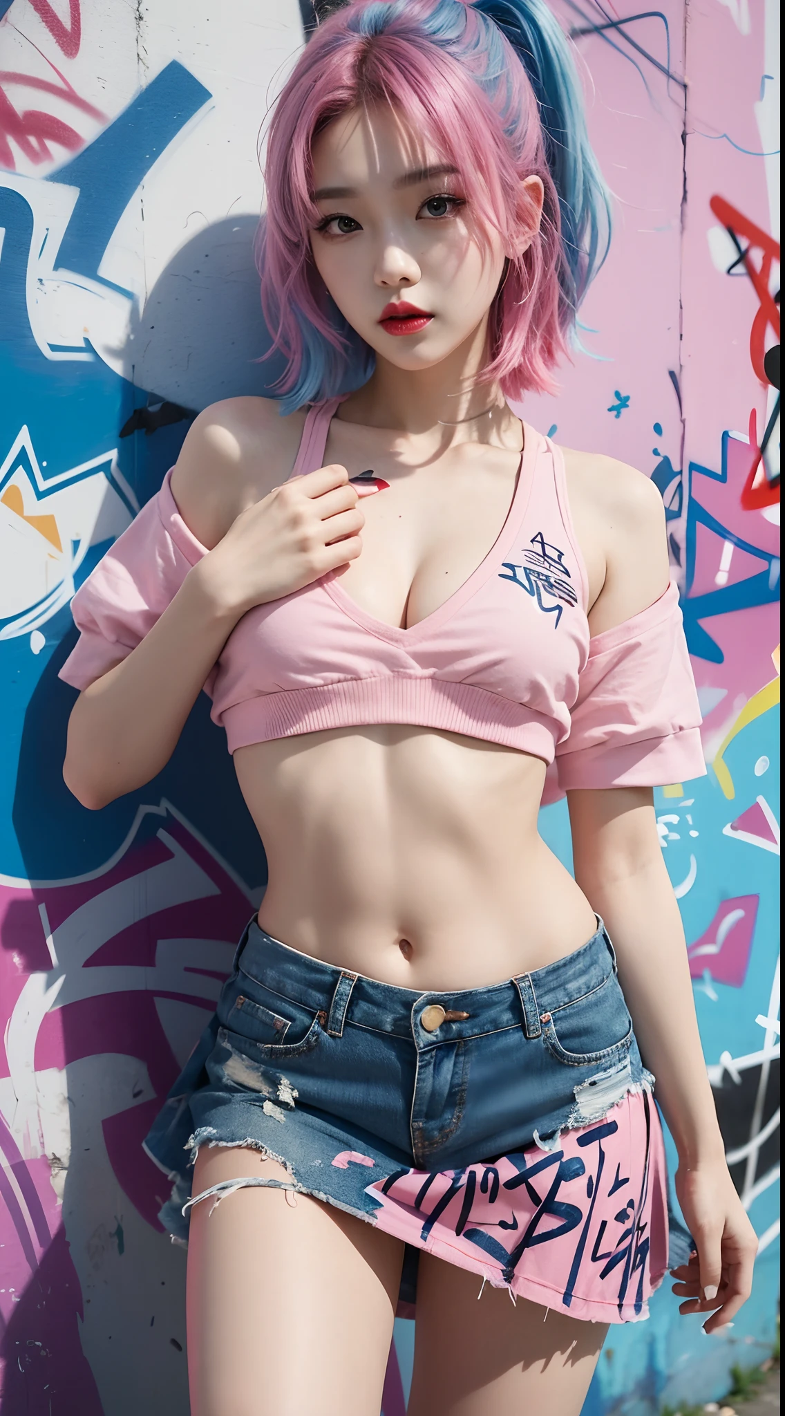 best quality, Clarity, 4k, 8k, detail, actual, Beautiful Girl, Korean makeup, Red lips, pink and blue hair, Perfect body, thigh, Pose dynamically for photos, medium chest, Graffiti crop top, Pink and Blue pleated skirts, graffiti on the body and skin, Solid graffiti wall background, Graffiti art,