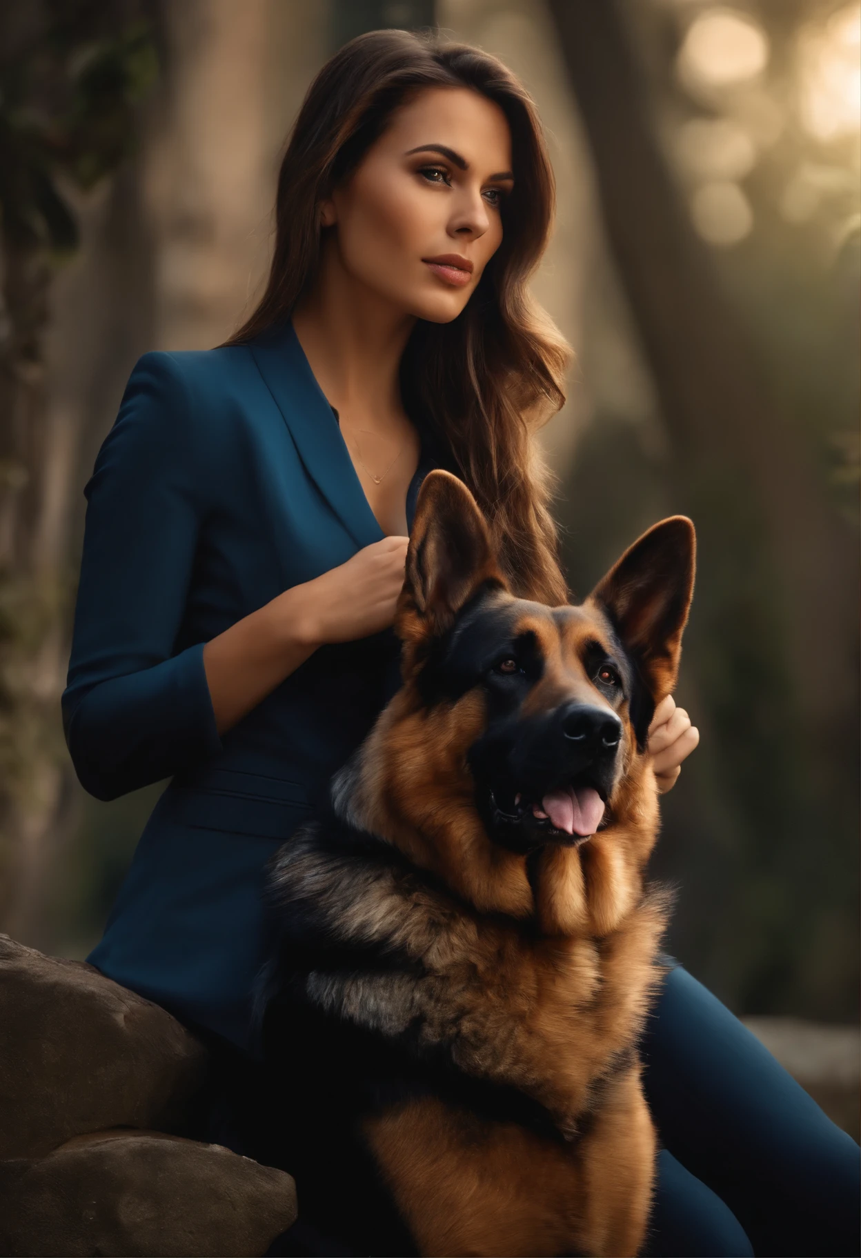 Photorealistic of a young brunette businesswoman, 29 anos, with a German Shepherd and Rottweiler by your side