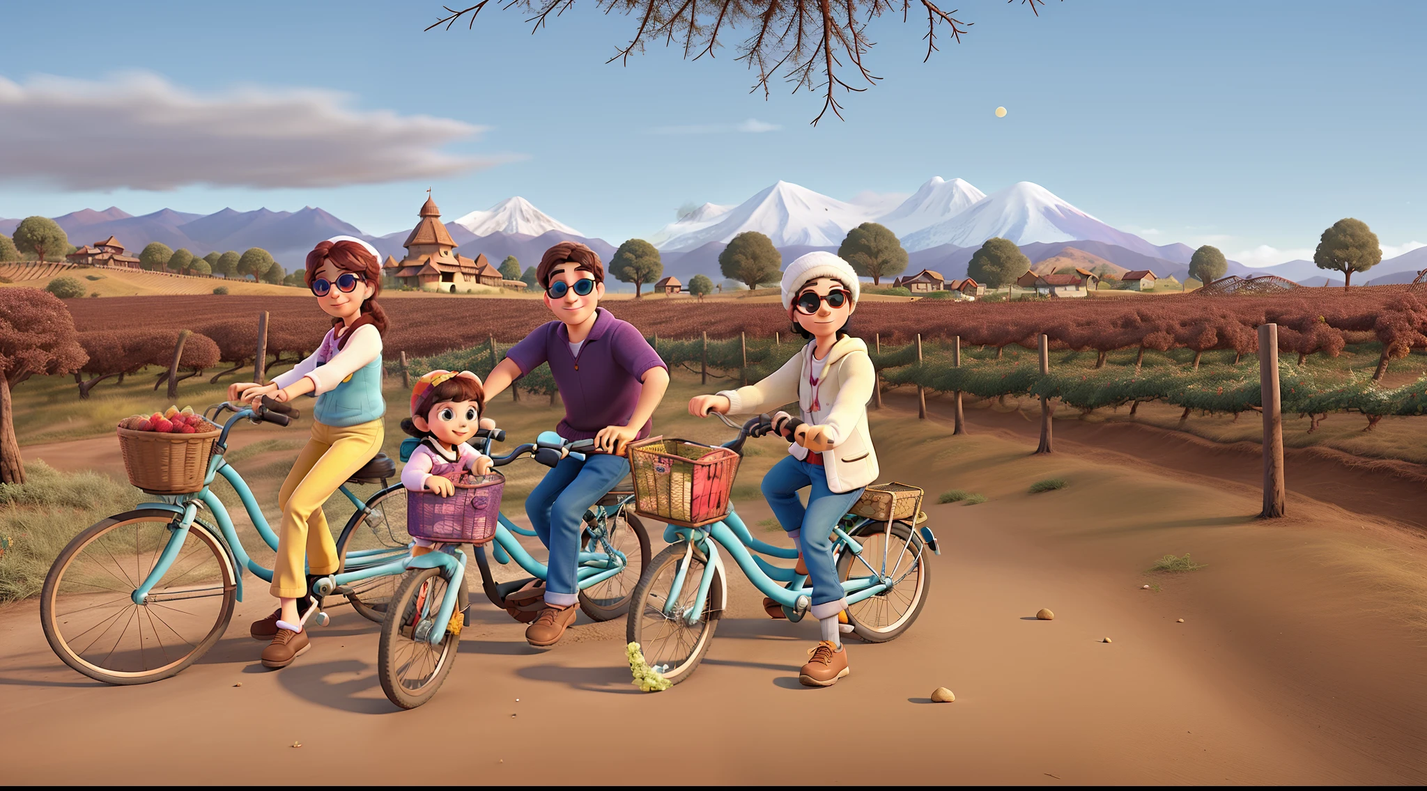 Disney Pixar Poster, Wine Background, cordilheira dos andes com neve, A family of three on a bicycle, Wearing sunglasses, inverno, chile