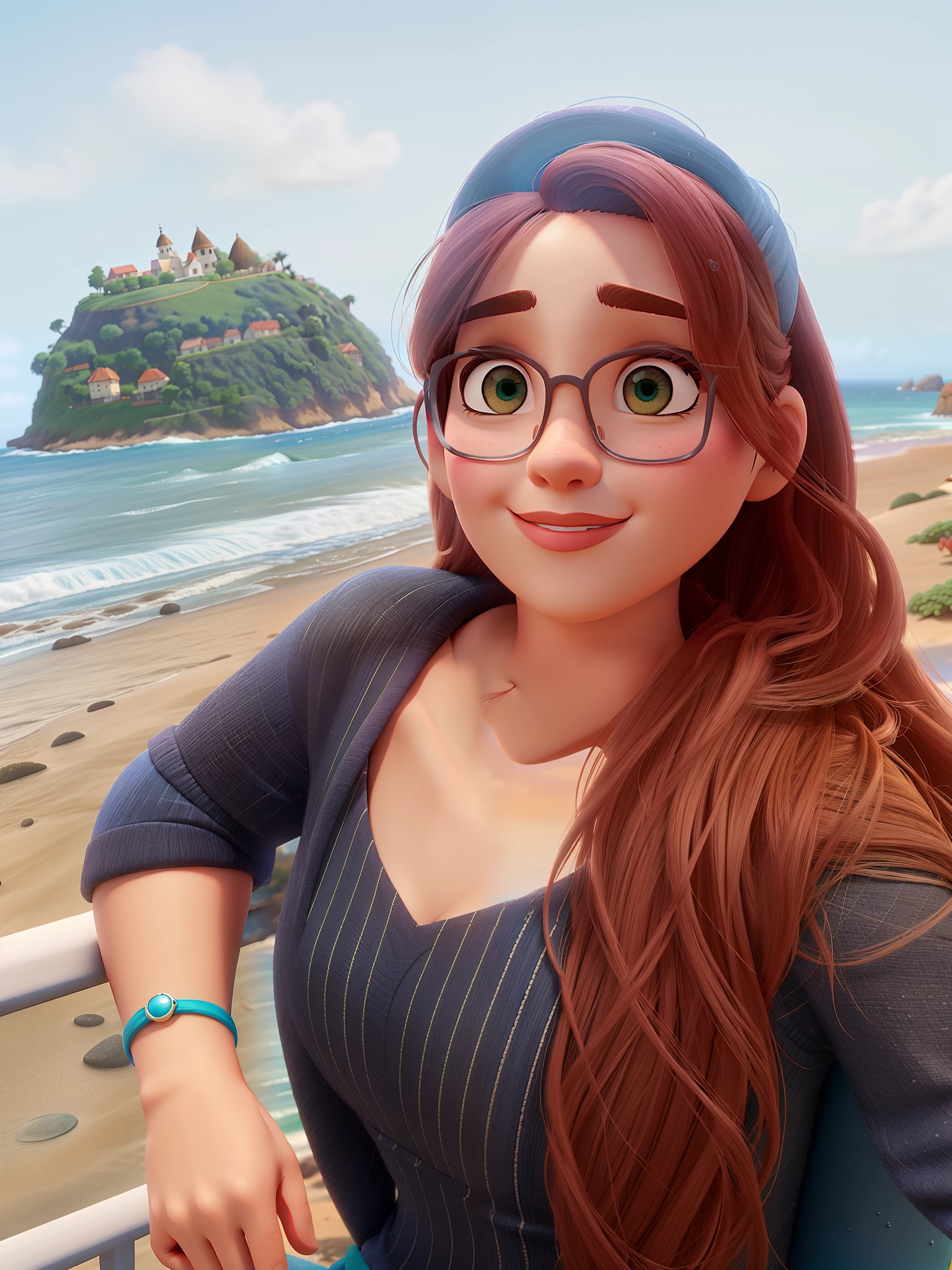 Uma mulher linda com os cabelos ruivos observando uma ilha ao meio do mar estilo Disney pixar