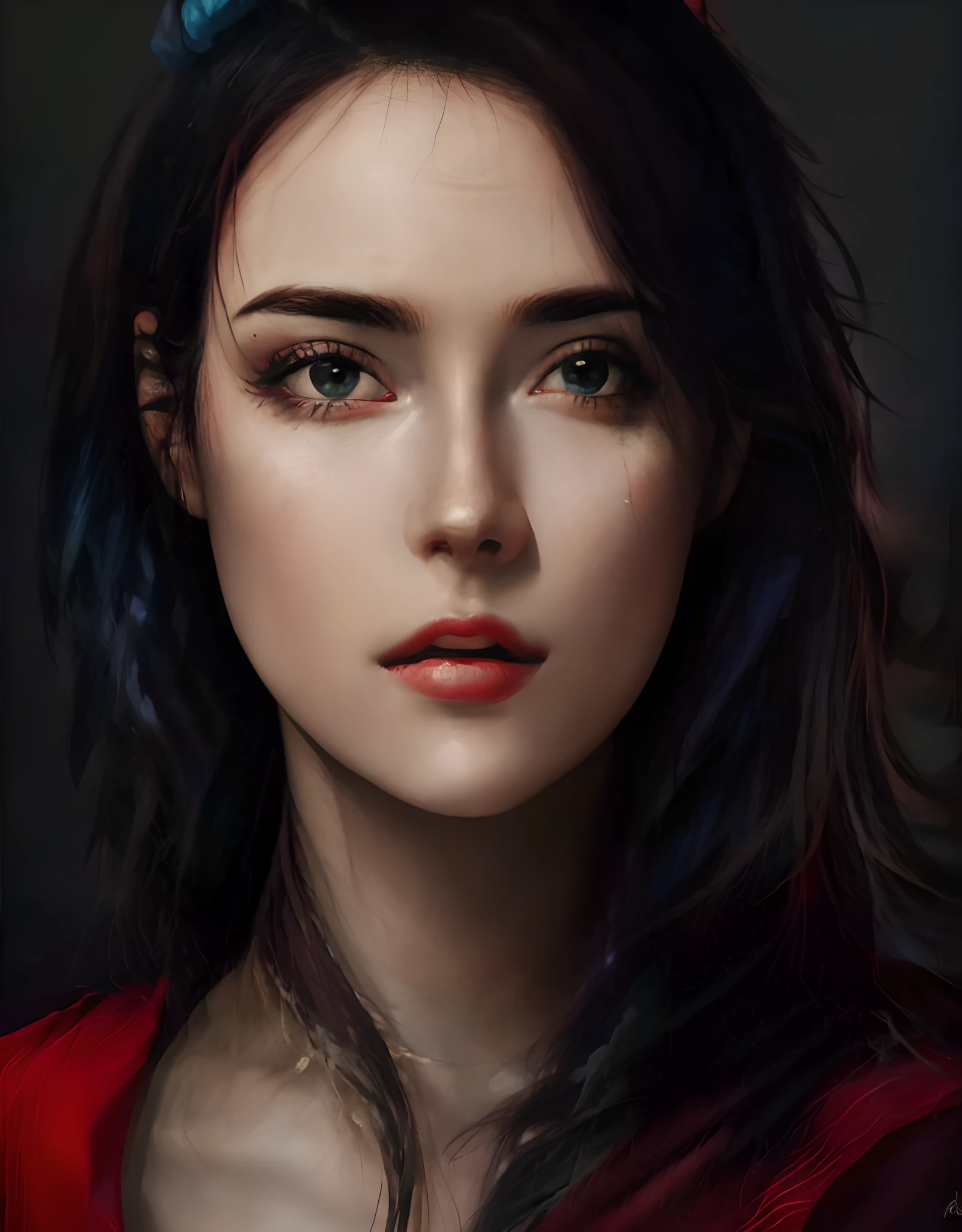 mulher com sangue no rosto e batom vermelho, retrato de beleza detalhado, pintura digital ultra realista, Retrato de um modelo bonito, Cinematic realistic portrait, retrato de beleza, foto retrato suave 8 k, pintura digital realista, foto retrato bonito, retoque de beleza, pintura digital hiper realista, realistic face moody lighting, retrato de alta qualidade, pintura digital hiper-realista, retoque profissional