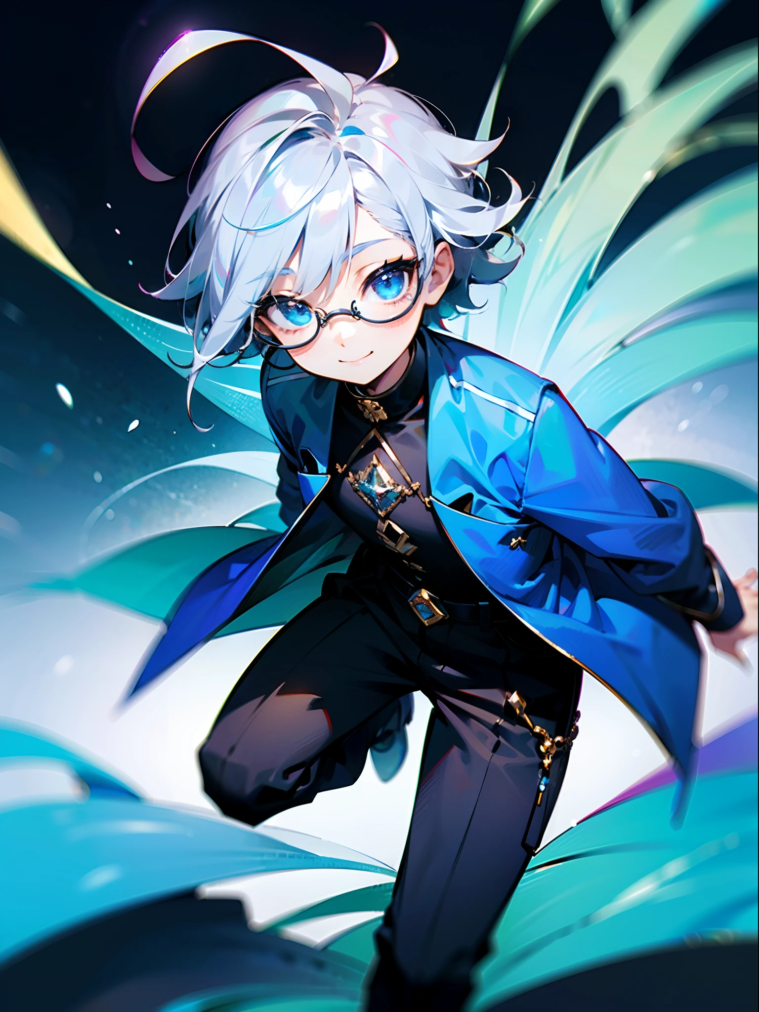 (Male , eye glasses,blue eyess，A smile, silber hair)，独奏、Iridescent background、Leader Model Pose