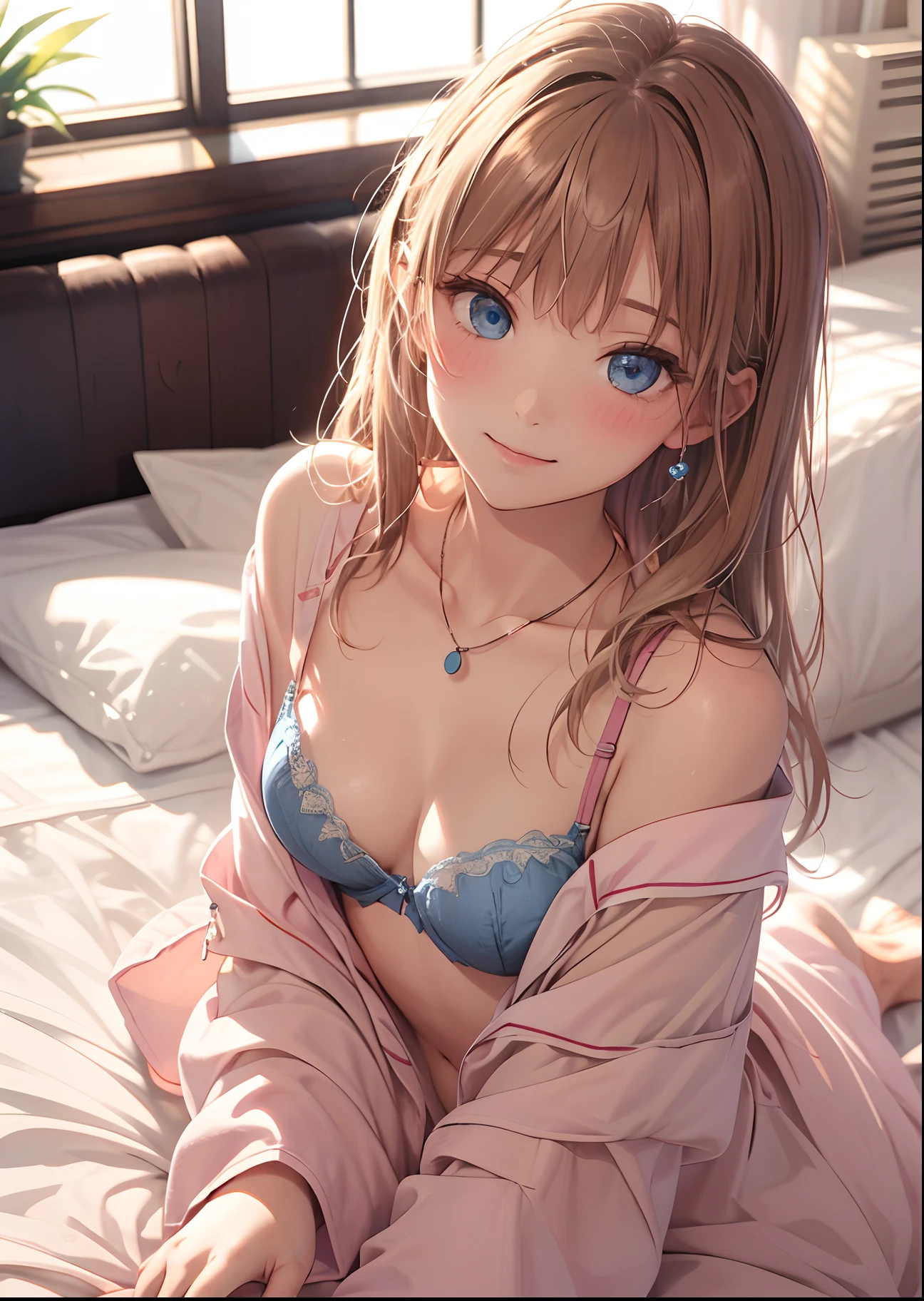 top-quality、The ultra -The high-definition,8K,masutepiece、Morning Bedroom,Innocent smile,pink  bra、a blond、Smooth straight hair、Hair parted in the middle,loose pajamas、lyin in bed,laying on back、Looking from above,slender white body、Bring your chest together、medium breasts⁩,(Deep Blue Eyes:1.2),Blushing、Small necklace
