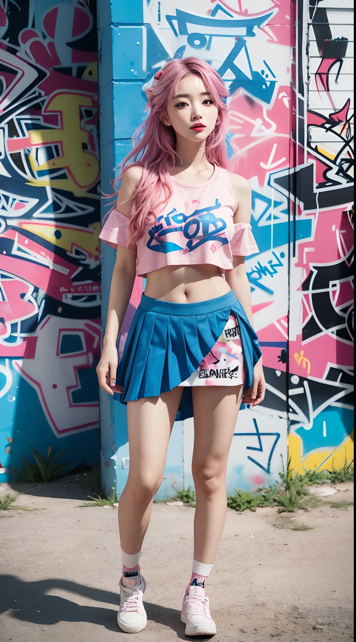 best quality, Clarity, 4k, 8k, detail, actual, Beautiful Girl, Korean makeup, Red lips, pink and blue hair, Perfect body, thigh, Pose dynamically for photos, medium chest, Graffiti crop top, Pink and Blue pleated skirts, graffiti on the body and skin, Solid graffiti wall background, Graffiti art,