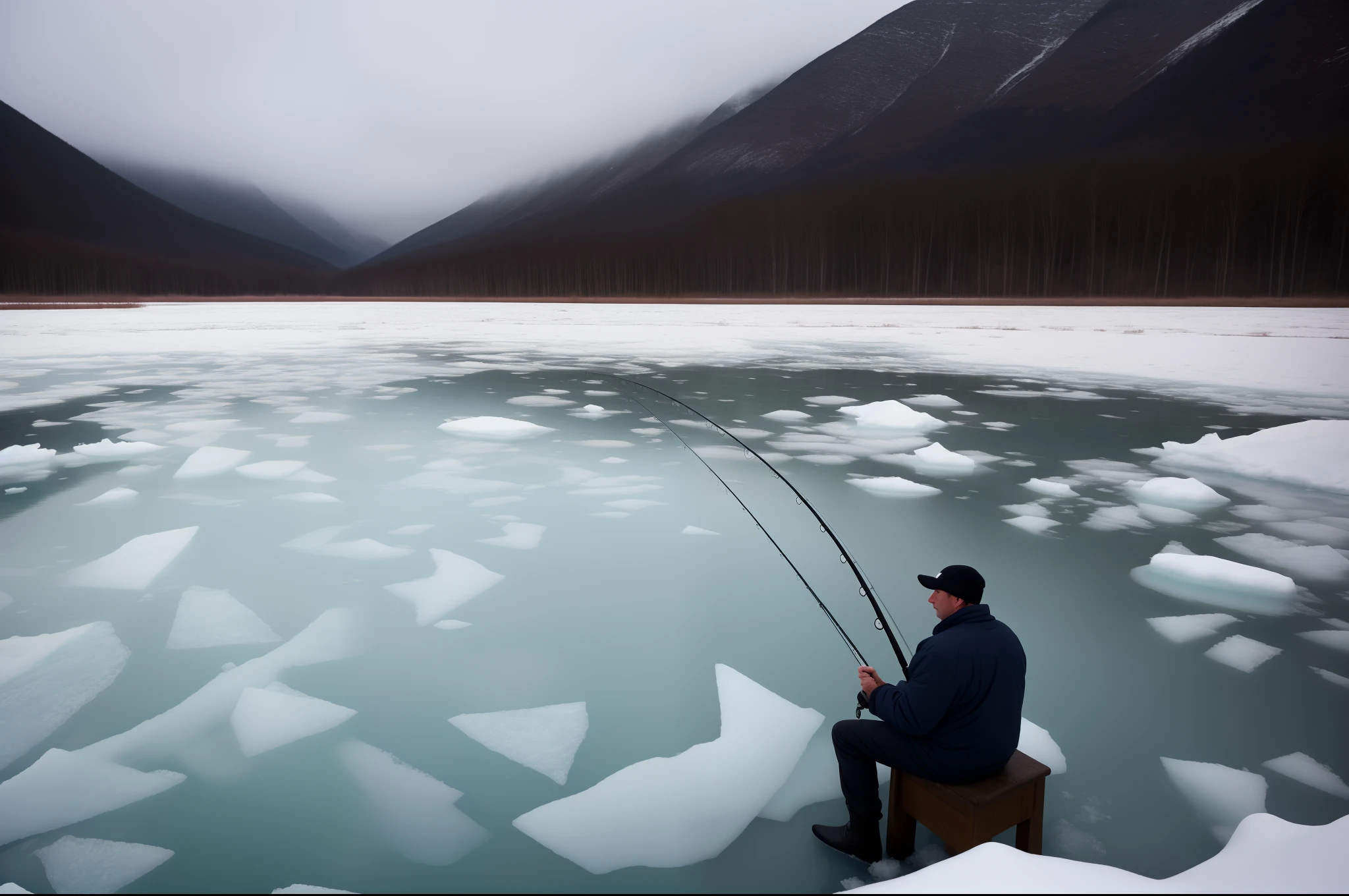 Michael scott alone fishing in the middle of a frozen lake melancholic cinematic