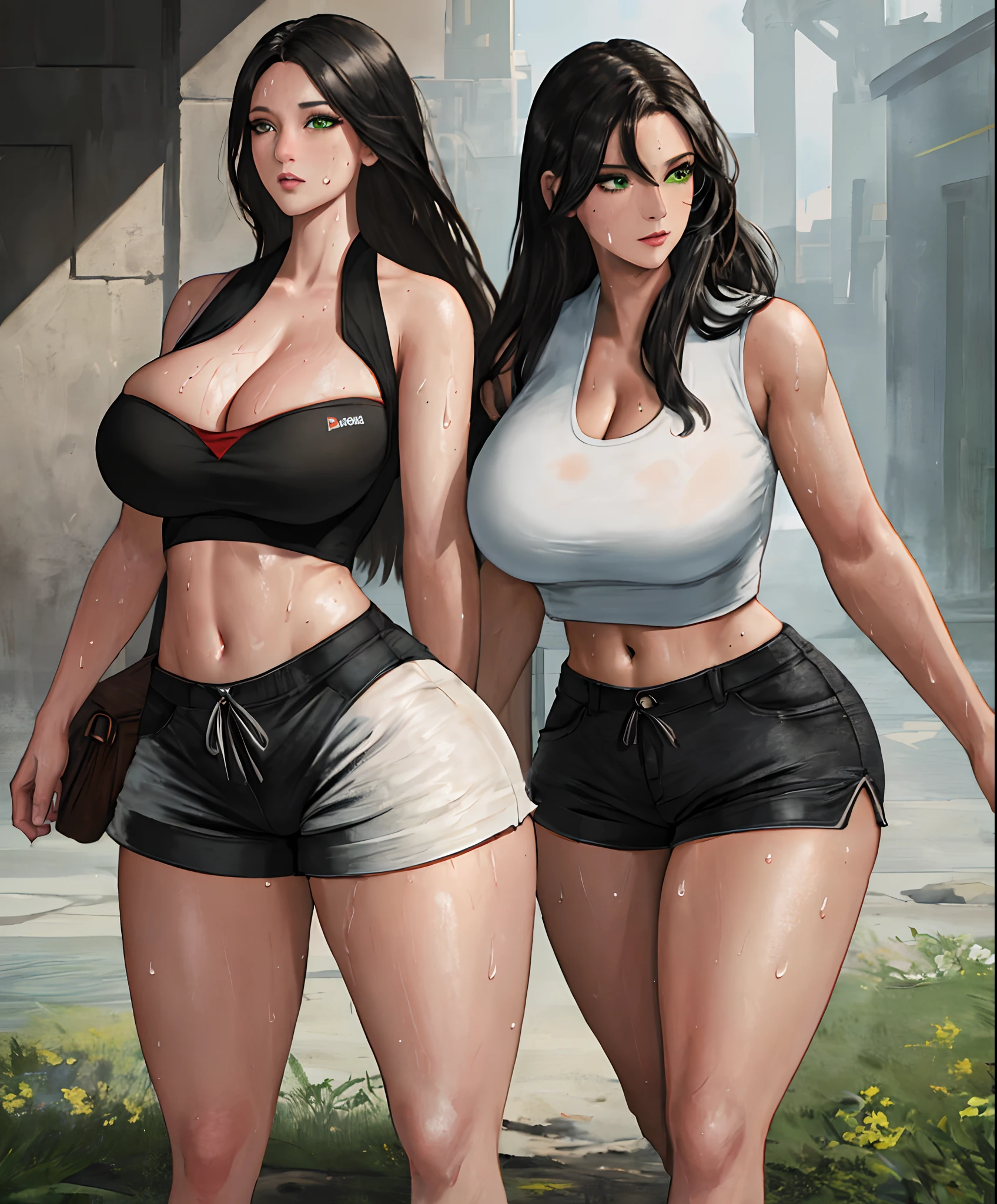 Masterpiece, high resolution., beautiful composition, detailed face., detailed eyessolo., crop top, shorts, mature female, beautiful body, long hair, black hair, sweat, cowboy shot, cleavage, thick thighs, wide hips., eye liner, large breasts., huge ass., green eyes, beautiful girl, sexy.