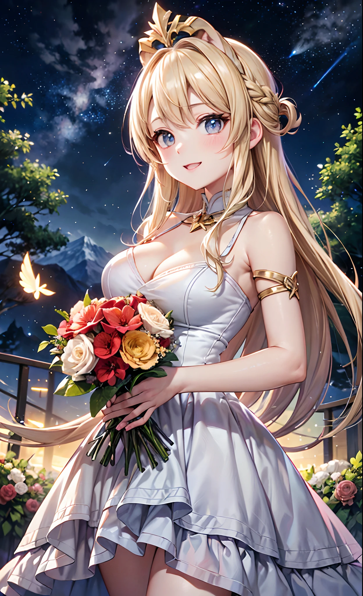 (masterpiece:1.2)、(top-quality)、4K、Ultra-Details、(The composition of the movement:1.4)、Very detailed and colorful details、(Iridescent colors:1.2)、(Glowing lighting、Atmospheric lighting)、dream-like、Magical,absurderes, hight resolution, (Official art, Beautiful and aesthetic:1.2), best qualtiy,(独奏:1.7)、ultra-detailliert,bright colour、Anime Face、extremely beautiful face and eyes, Beautiful images、high-level image quality、Definition image quality、Very pretty girl、Vast landscape photos、(Nitanita Smile),(View from below with a view of the sky and the wilderness below)、Girl standing in a flower field and looking up、(fullmoon:1.2)、(shooting stars:0.9)、(nebulas:1.3)、mountain in the distance、Tree Break Production Art、(Warm color light source:1.2)、(fireflys:1.2),(Star Goddess),(angelicales:1.2),(Holding a large bouquet:1.3),(Hair parted in the middle、Blonde Smooth Straight),intricate detailes、Volume Lighting、Realism Break 、