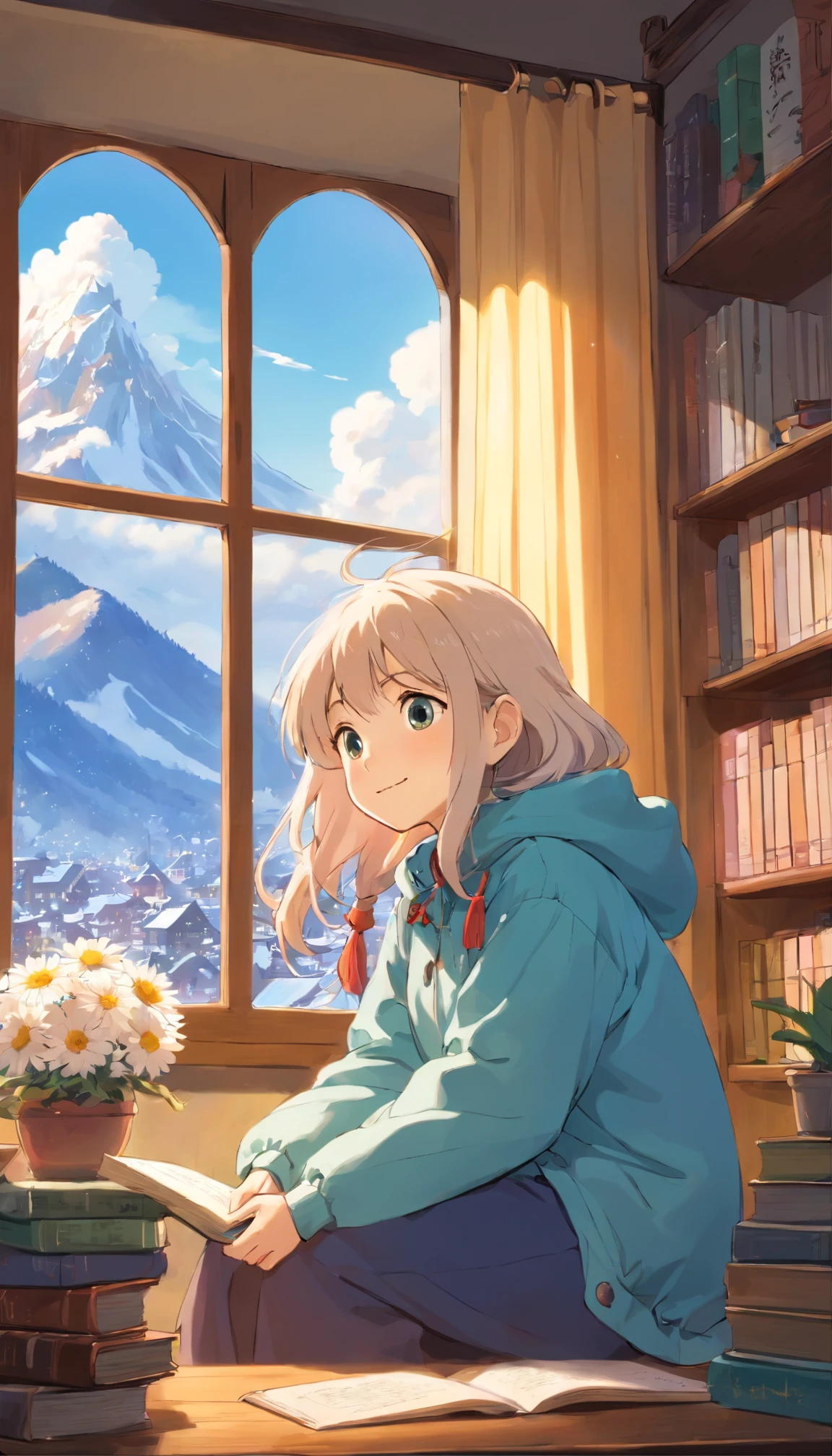 heal,Reject EMO,Very happy,Very happy,Face life with a smile,rays of sunshine,long whitr hair,down jacket,Cloud commissary,Cloud pillows,It was snowing outside the window,Oversized round windows,snowflower,looking at book