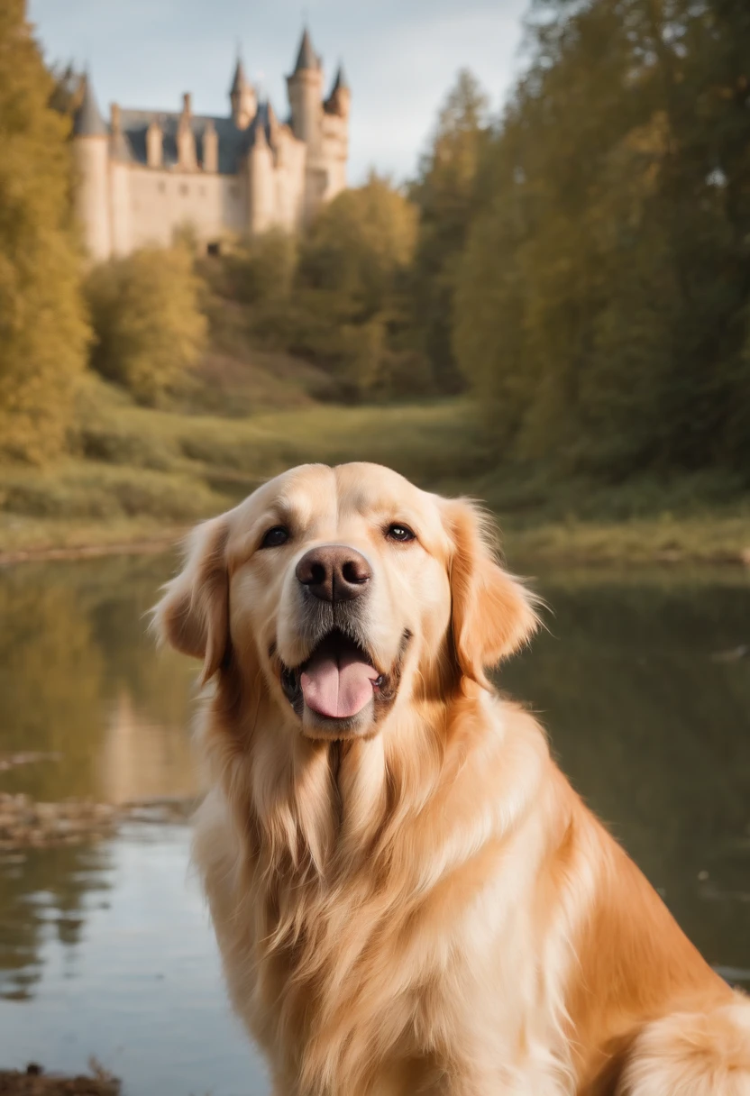 raise a Golden Retriever dog in the enchanted world with lake and castle, In standard YouTube video size.