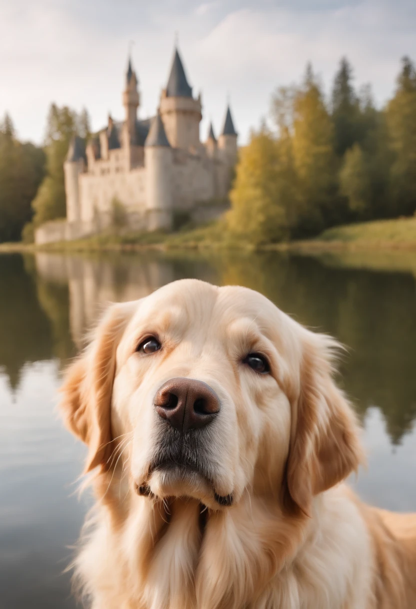 raise a Golden Retriever dog in the enchanted world with lake and castle, In standard YouTube video size.