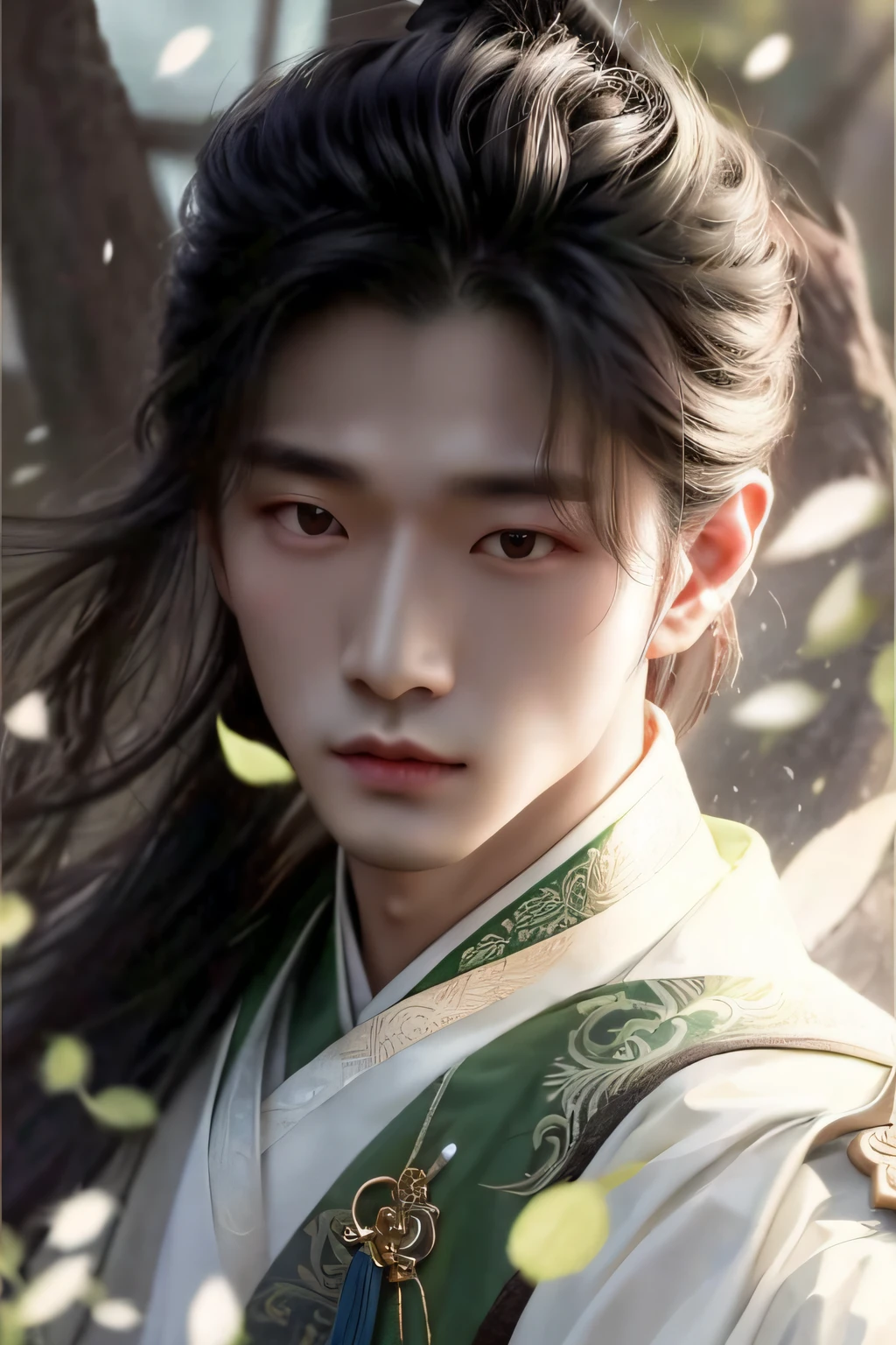 a close up of a person with long hair and a green shirt, inspired by Zhang Han, cai xukun, by Yang J, handsome guy in demon slayer art, beautiful androgynous prince, heise jinyao, by Li Fangying, inspired by Bian Shoumin, inspired by Zhao Yuan, by Yu Zhiding, by Fan Qi