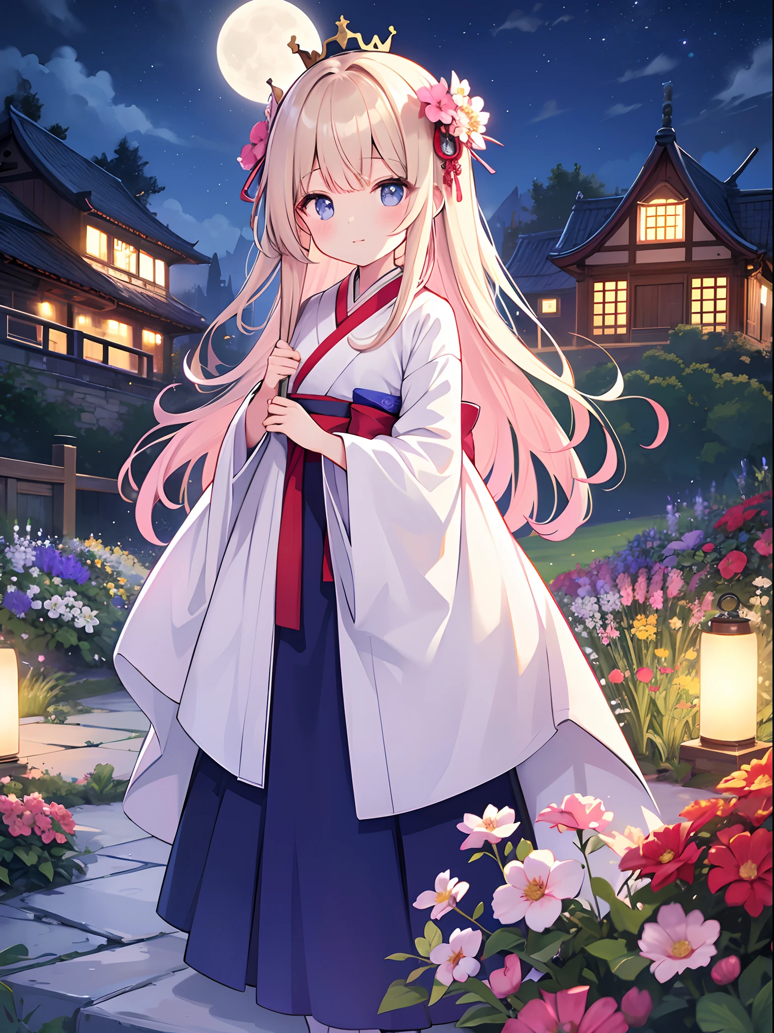 best quality, high_resolution, distinct_image, detailed background ,girl, hanbok,flower,garden,moon, night,dutch angle, wide shot, crown,