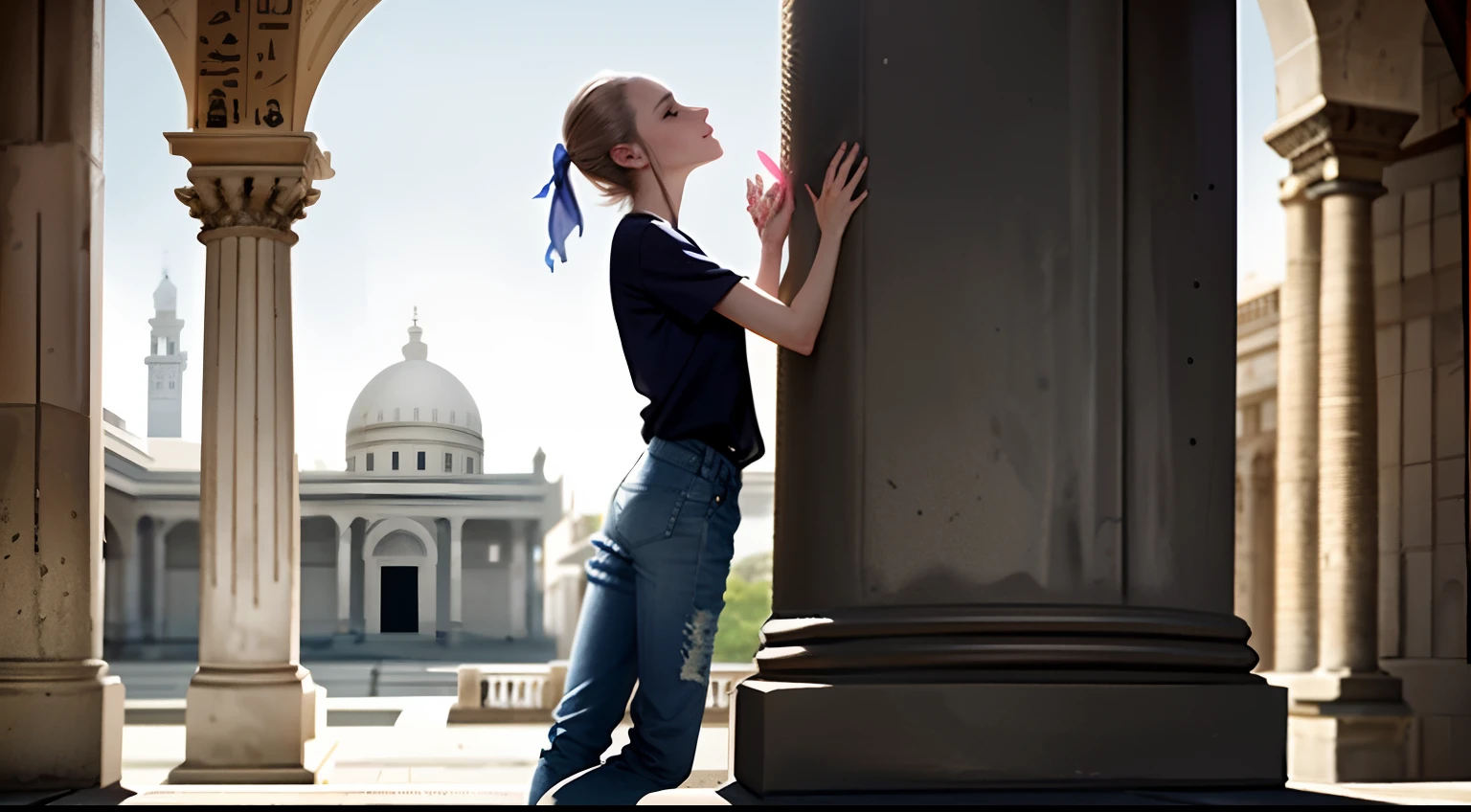 Woman from Araffe leaning against a column in a courtyard, 
com uma mochila, por Romain brook, 
ancient catedral behind her, Directed by: 
Emma Andijewska, 🤬 🤮 💕 🎀, Directed by: Anita Malfatti, 
visual deslumbrante, android girl in egyptian ruins,  
She's wearing a white short-sleeved shirt, 
bota preta, dark blue long jeans,