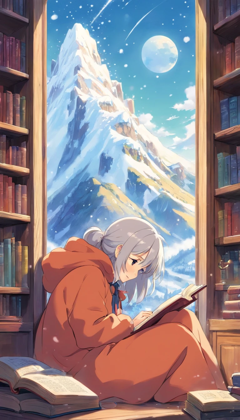 heal，Reject EMO，Very happy，Very happy，Face life with a smile，rays of sunshine，long whitr hair，down jacket，Cloud commissary，Cloud pillows，It was snowing outside the window，Oversized floor-to-ceiling windows，snowflower，looking at book