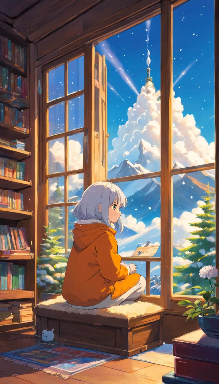 heal，Reject EMO，Very happy，Very happy，Face life with a smile，rays of sunshine，long whitr hair，down jacket，Cloud commissary，Cloud pillows，It was snowing outside the window，Oversized floor-to-ceiling windows，snowflower，looking at book