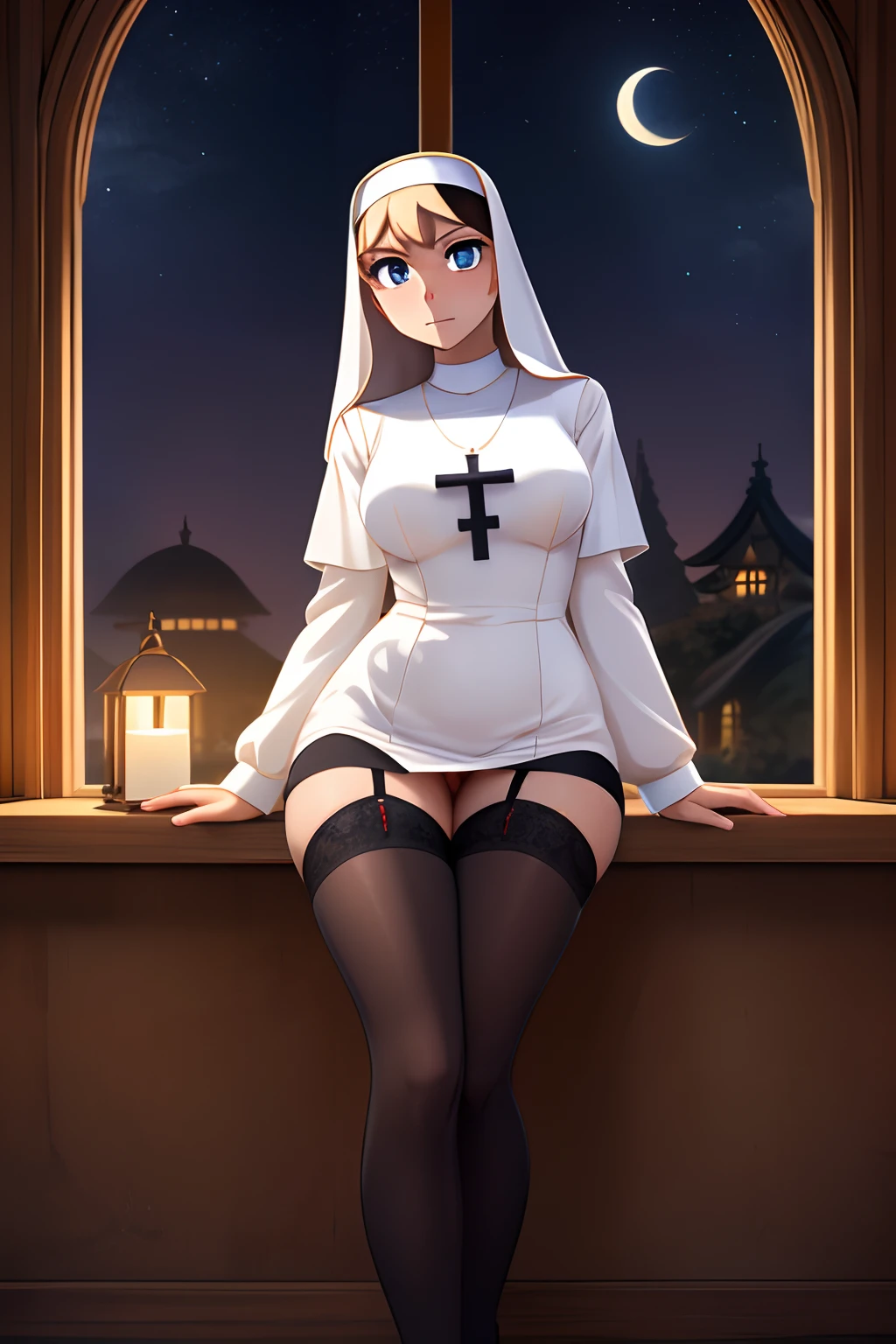 Girl nun, Beautiful cute face, Innocent, Charming, Embarrassed, Facing the camera, Skin color: white, Body glare, ((pretty eyes)), Eye Color: Bright Blue, bright pupils, ((Perfect Sexy Figure)), Perfect shapes, big thighs, ((Subtle and beautiful), ((Sexy nun clothes with stockings)), Sexually seductive pose stands, Full-length, Background temple moonlight in window,nightfall, Depth of field, (ultra quality), (tmasterpiece), clear image, crisp details, Realistic, Professional Photo Session, Clear Focus, the anime, Colorfully drawn, NSFW