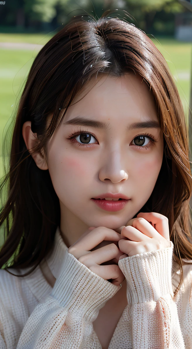 a closeup, masterpiece, top-quality, Raw foto, Photorealsitic、unbelievable Ridiculous, beautiful a girl, Cut and sew with an open chest、Long hair、large brests、The look of joy when reunited with a lover、Hair fluttering in the wind、grass field、depth of fields, hight resolution, ultra-detailliert, finely detail, ighly detailed, extremely detailed eye and face, Sharp pupils, foco nítido, Cinematic lighting