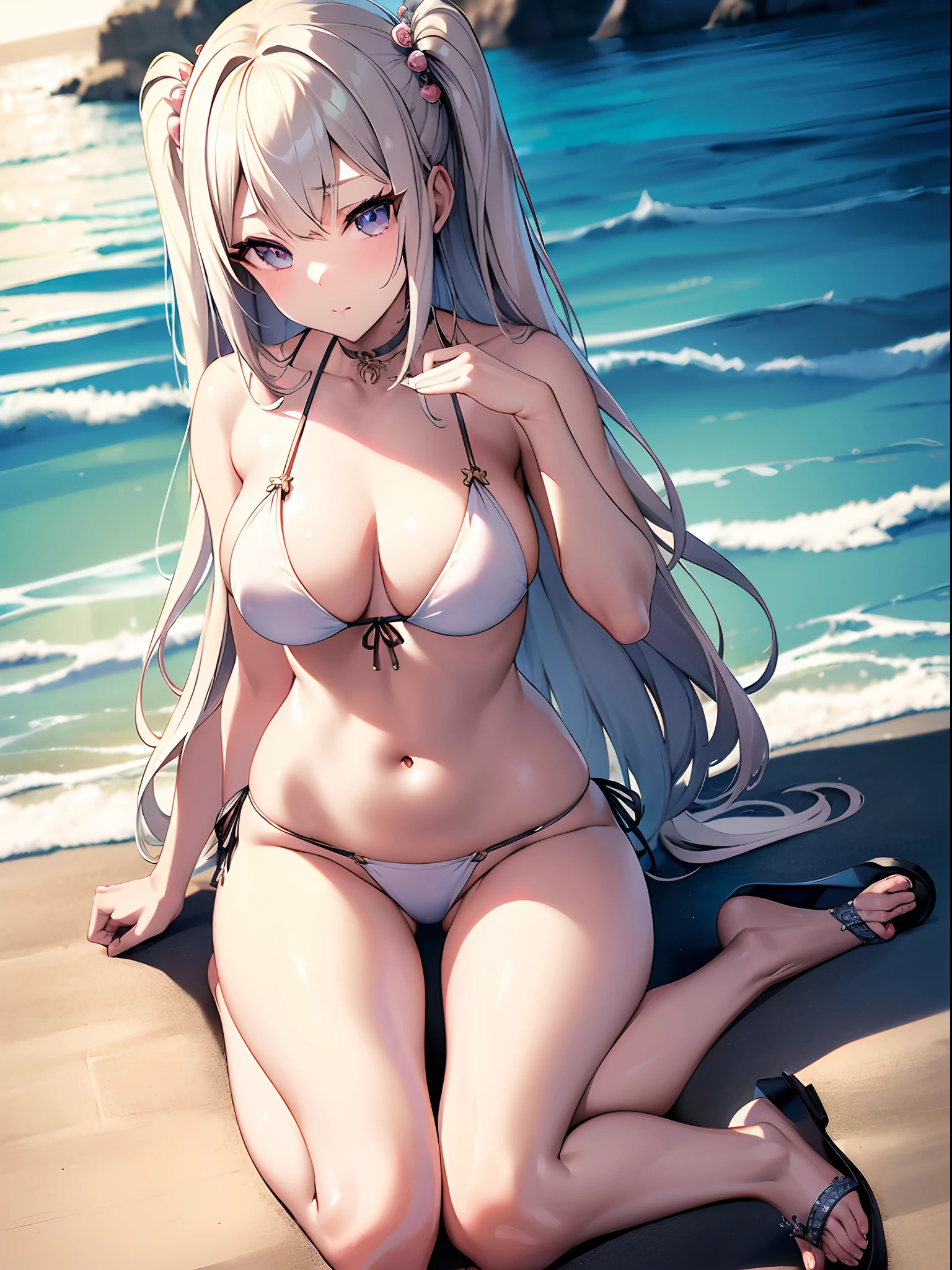 ((Best Quality)), (ultra-detailliert), ((Extremely detailed)), (Beautiful), ((Kawaii Girl)),(two side up hair)、((masutepiece)),Platinum Blonde Hair,Long hair, hair between eye, Wavy Hair, Long sideburns,Jade colored eyes, White skin,Normal Chest,Slender body,side tie bikini bottom、Sandals,in beach,One Woman,Anime