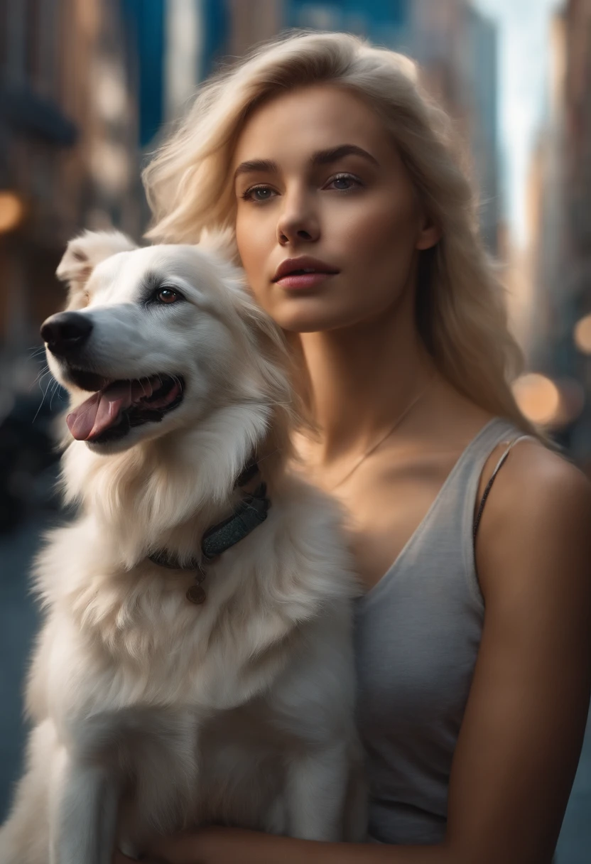 Photorealistic of a blonde young woman, 19 year old, with a female Border Collie on her side in the city