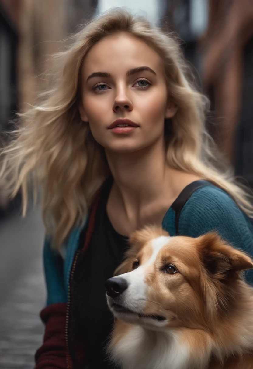 Photorealistic of a blonde young woman, 19 year old, with a female Border Collie on her side in the city