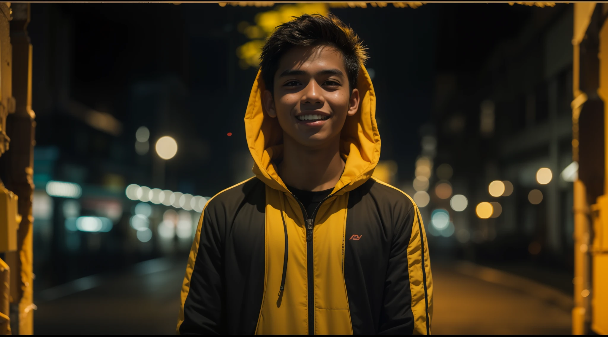 a beautiful malay teenage boy in torn yellow tracksuit standing in a dark empty city street, crazy happy face, nighttime, 35mm lense, Top-Down Shot, Deep Focus cinematography effect, Natural Lighting, cool-toned color grading, high quality, ultra detail, 8k resolution,