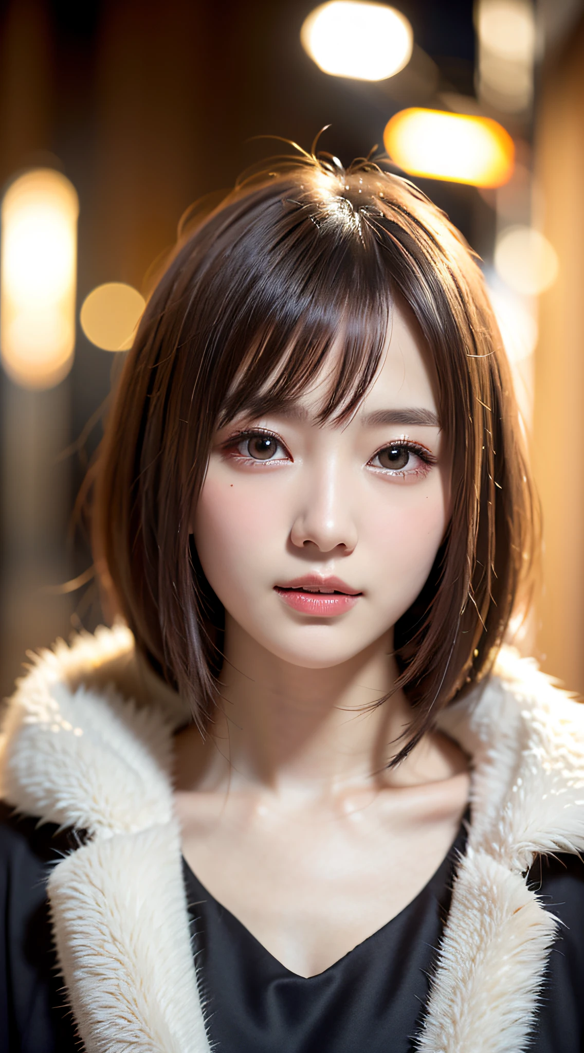 1 beautiful young girl, Super beautiful detailed face, smile shyly, (Slender body:1.2), (black glittery metallic super stylish dress, Long coat with fluffy white fur), dark brown hair, semi-long hair, (Fine face:1.2), conceptual art, High quality, Realistic, extremely detailed CG unified 8k wallpaper, highly detailed, High-definition raw color photos, professional photography, Realistic portrait, Cinematic Light, Beautiful detailed, Super Detail, high details, (((background Bokeh))), depth of fields, illumination, Neon Street, Super stylish lighting, (Beautiful small breasts:1.2), Smooth and Flawless Skin, Expressive and Captivating Eyes, Well-Defined Facial Features, Perfectly Proportioned Face, Fine Details and Realistic Textures, face focus