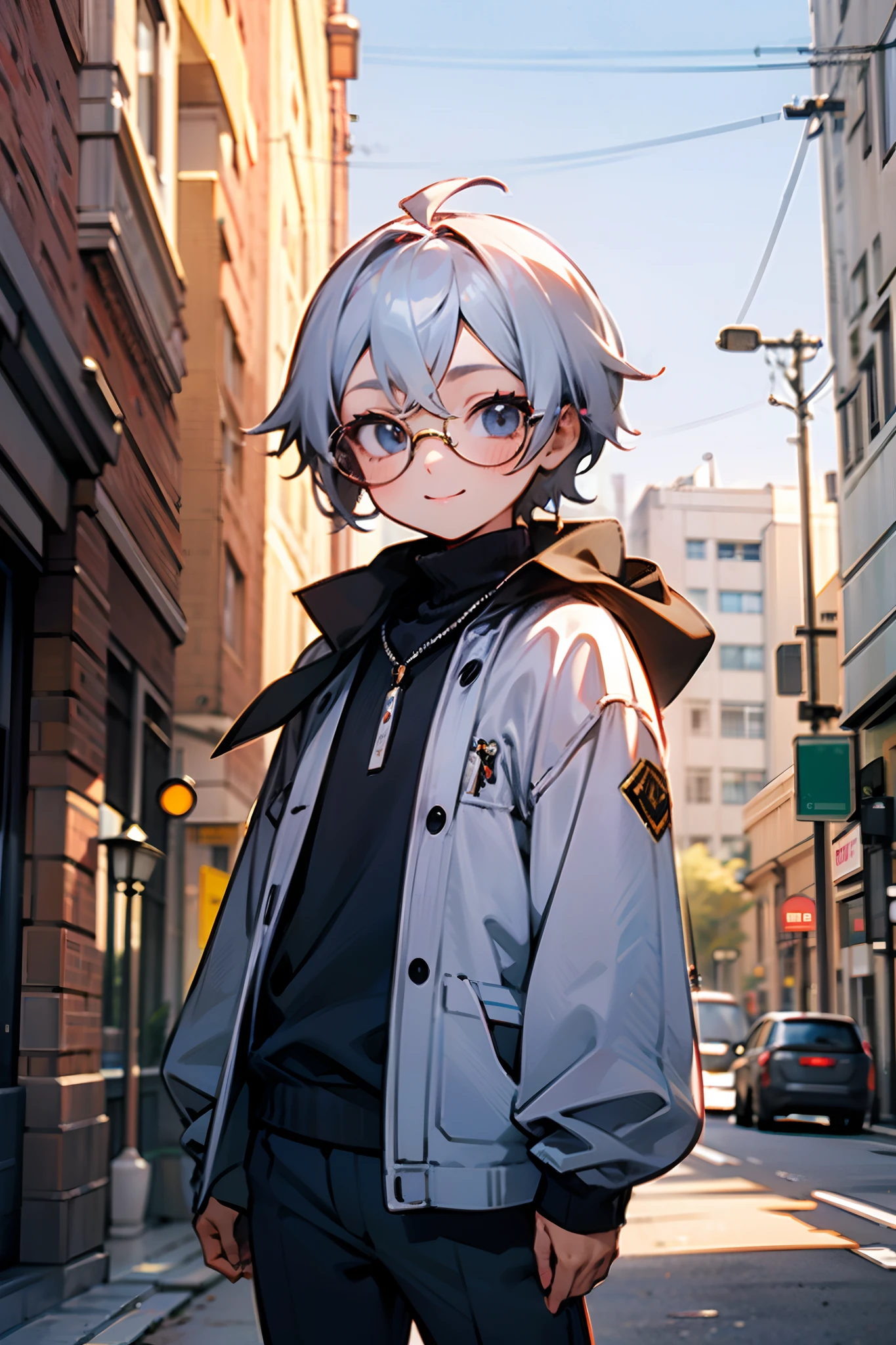 (morning), Male child, eye glasses,Soio, Look at the viewer,, Cowboy Shots, (down town), A smile, silber hair