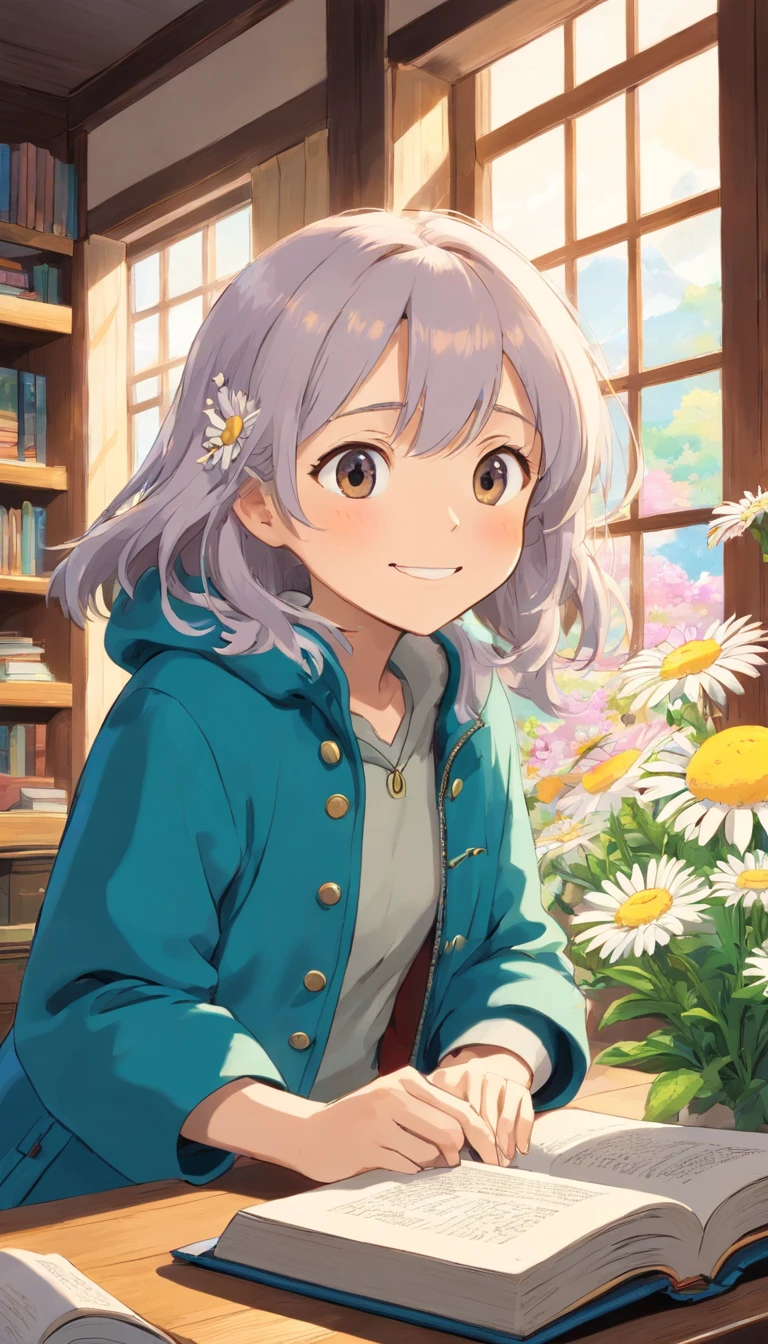 heal，Reject EMO，Very happy，Very happy，Face life with a smile，rays of sunshine，long whitr hair，down jacket，Cloud commissary，Cloud pillows，It was snowing outside the window，Oversized round windows，snowflower，looking at book，small daisies