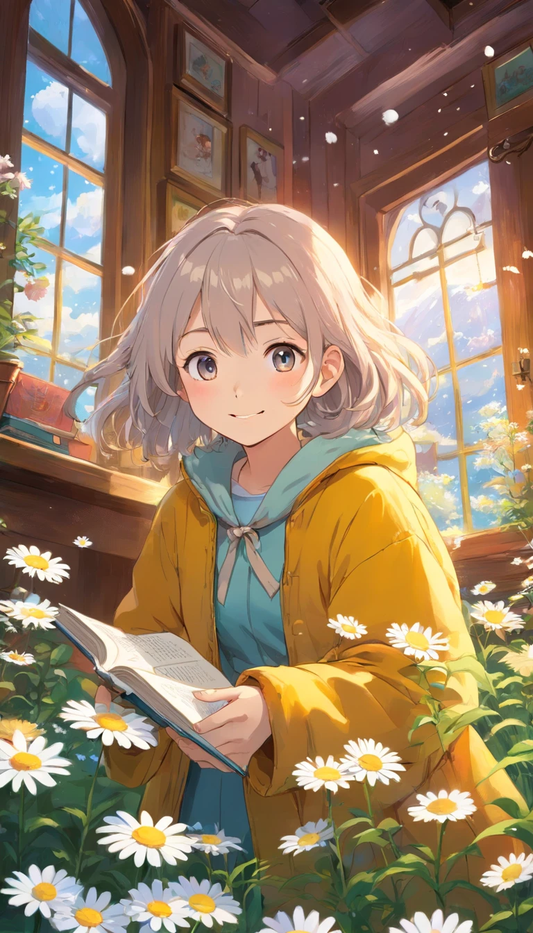 heal，Reject EMO，Very happy，Very happy，Face life with a smile，rays of sunshine，long whitr hair，down jacket，Cloud commissary，Cloud pillows，It was snowing outside the window，Oversized round windows，snowflower，looking at book，small daisies