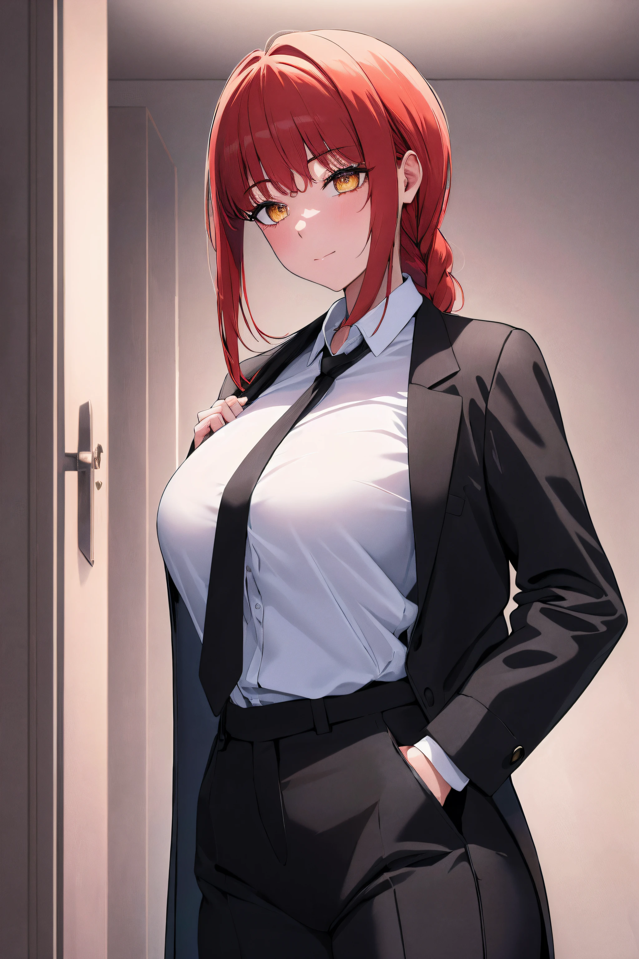 (masterpiece, best quality:1.2), cowboy shot, solo, 1girl, makima, expressionless, closed mouth, looking at viewer, hands in pockets, braided ponytail, ringed eyes, formal, coat, collared shirt, black necktie, black pants,NSFW,official art,extremely detailed CG unity 8k wallpaper, perfect lighting, (masterpiece:1.0),(best_quality:1.0), ultra high res,4K,ultra-detailed, photography, 8K, HDR, highres, absurdres:1.2, Kodak portra 400, film grain, blurry background, bokeh:1.2, lens flare, (vibrant_color:1.2),(beautiful_face:1.5),(narrow_waist),(perfect hands, perfect anatomy),