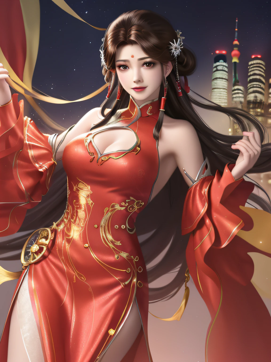 1girll,clothing cutout,dress,Bare shoulders,Chinese clothes, Facial hair, forehead mark, hair adornments, Long hair, jewelry, Hair rings, Cityscape, Night, view the viewer, Mature female, Brown hair, Chinese clothes,See-through,Trim, Cowboy shot,Girl，Raised sexy，pyjamas，cleanness