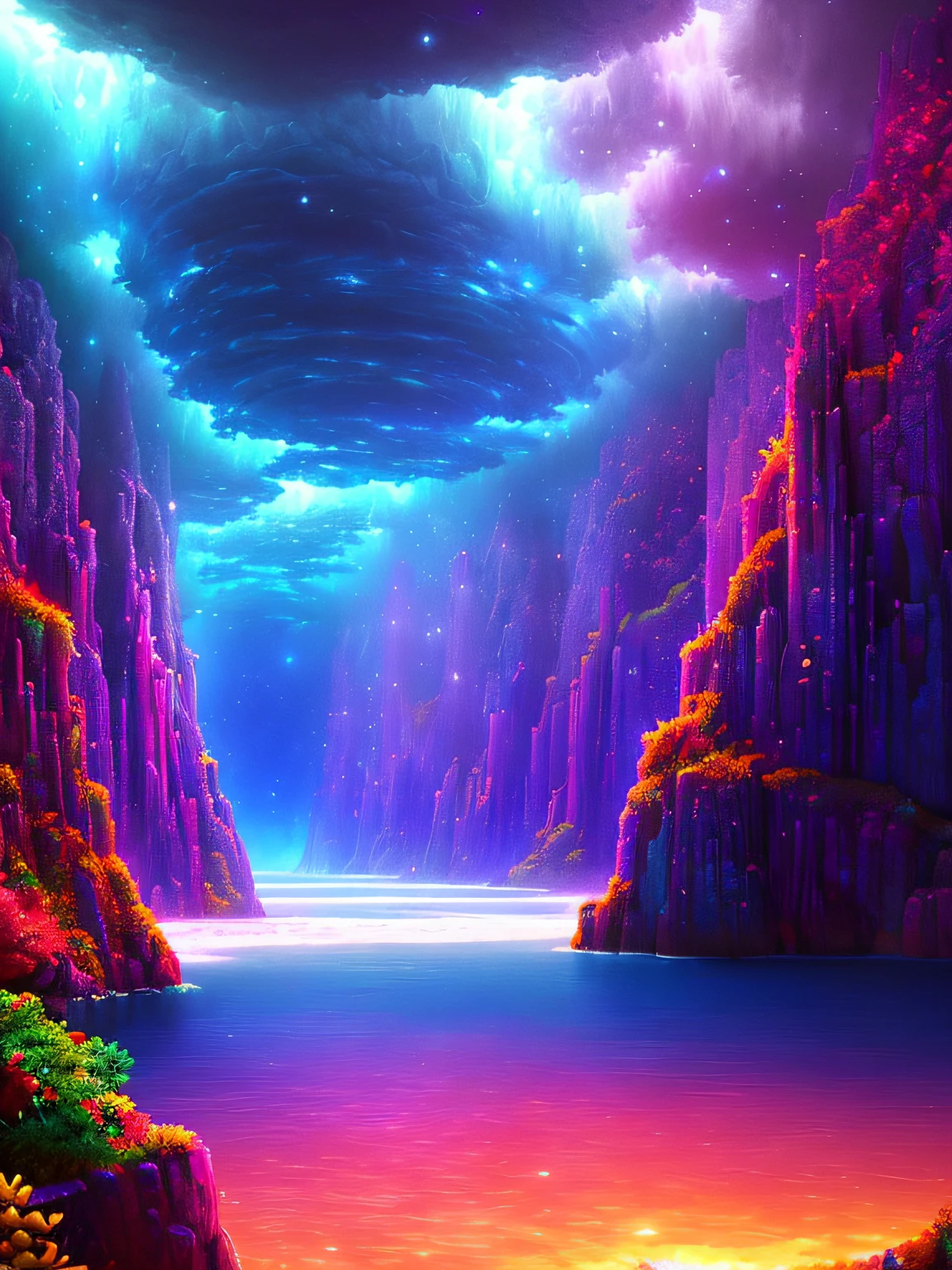 a painting of a beyond-dimensional fantasy world,Um mundo de debaixo do mar,Atlantis,science fiction,Uplighting,ghibli studio,Motor irreal,Epic composition,CG Digital Rendering,Ultra HD |,highly detailed technical,Triadic color scheme