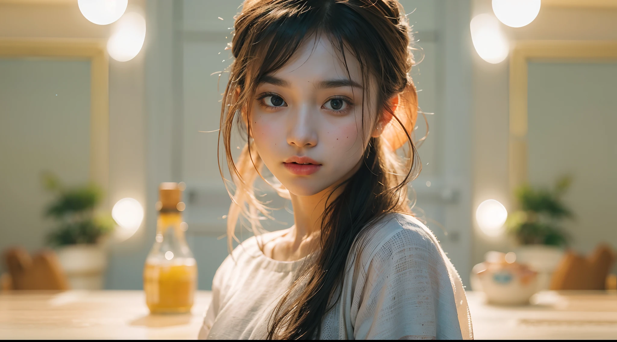 solo, stand in the kitchen, a malay girl, milk falls on the chest area of the shirt, (delicate illustration:1.4), (renaissance art:1.4), (masterpiece:1.0), (best quality:1.4), (ultra highres:1.2), (photorealistic:1.4), (8k, RAW photo:1.2), (soft focus:1.4), (18yo:1.3), (sharp focus:1.4), detailed beautiful face, 35mm lense, Top-Down Shot, Deep Focus cinematography effect, Natural Lighting, cool-toned color grading, high quality, ultra detail, 8k resolution,