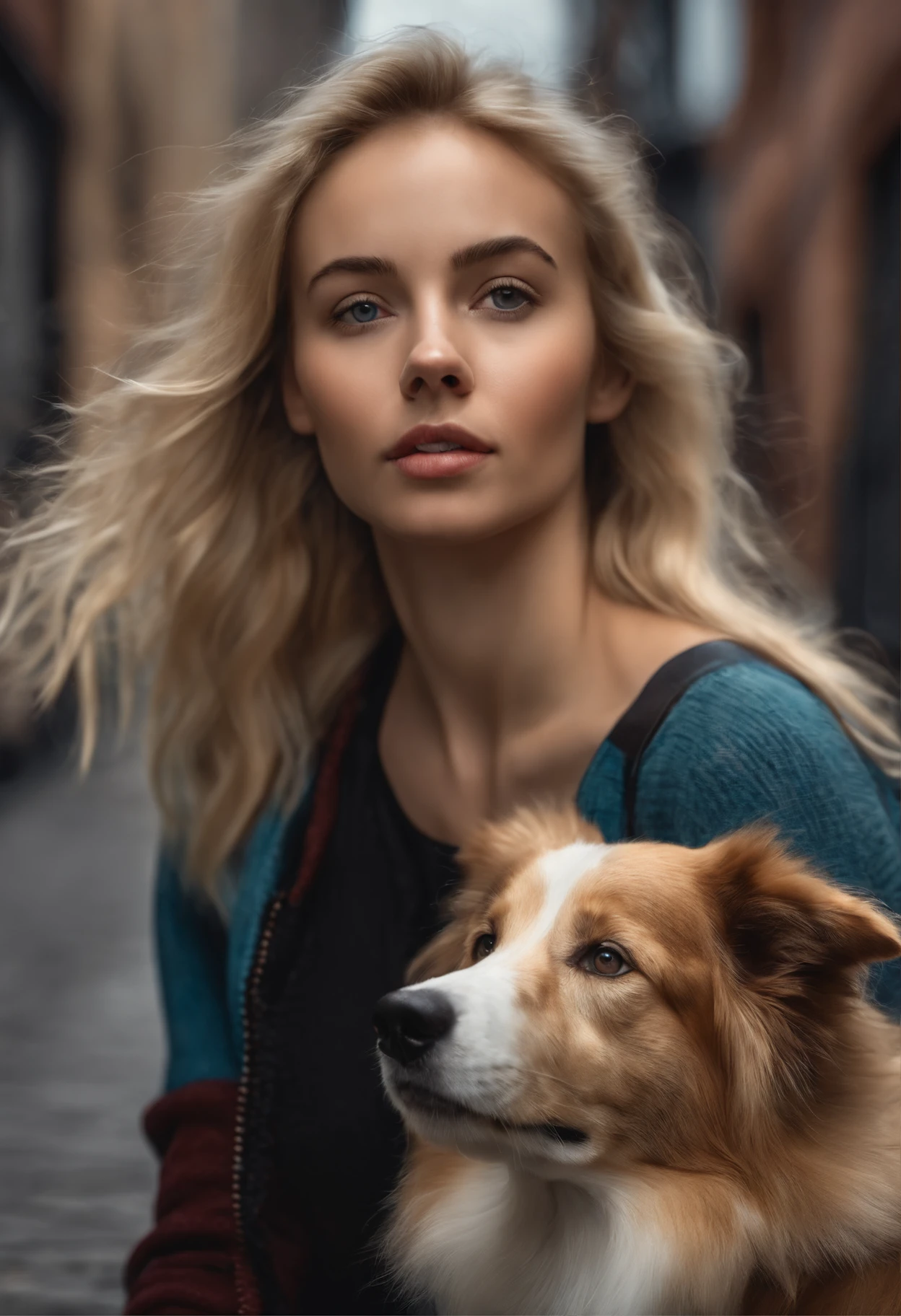 Photorealistic of a blonde young woman, 19 year old, with a female Border Collie on her side in the city