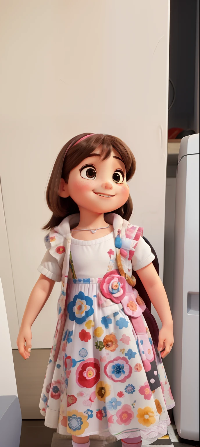 There's a girl in front of a refrigerator, com olhos bonitos, she is smiling and excited, she is smiling and happy, 2 anos, tiny girl looking on, ela tem um rosto bonito, cuteexpression, Tiro na Nikon Z9, com bochechas redondas, menina jovem bonito, olhar alegre, menina bonito, Retrato de uma menina bonito