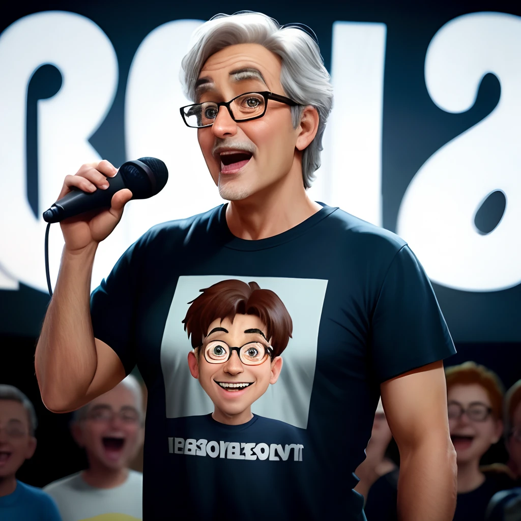Create a character based on Disney pixar He's 58 years old, dark-skinned, wears glasses, wears a T-shirt, speaking into the microphone