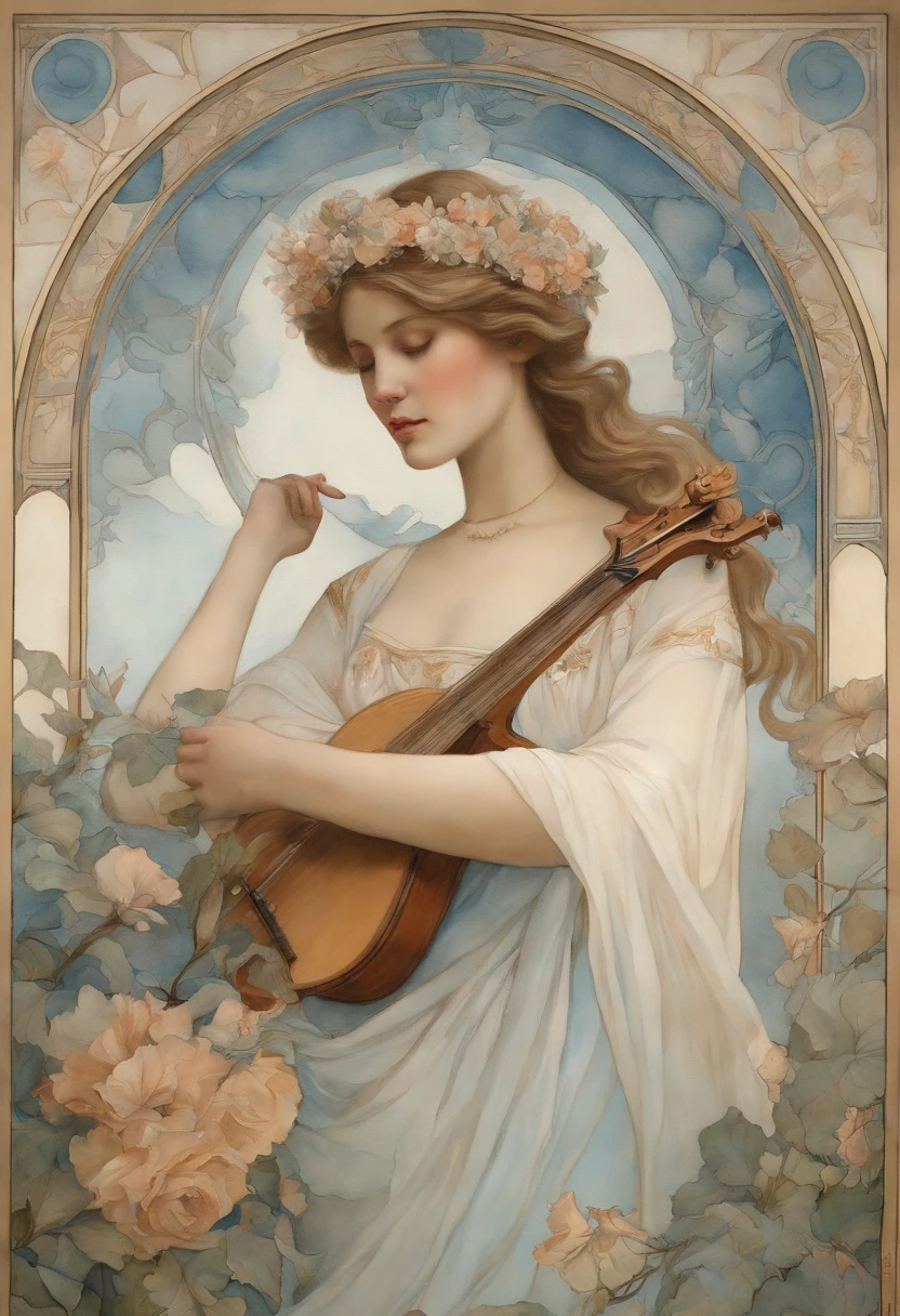 A highly defined super detailed watercolor painting，A woman, gentle gaze, flowers, female figure, detailed cover art, Like a goddess of music, halo of holiness, playing the lute, In the style of Alphonse Maria Mucha and Gustave Kilmut, Accents Art Nova, Alphonse Mucha, Gustavo Klimt, pale blue skin, a marble sculpture, CGSesociedade, gothic art, Arte Nova, Winner of the Behance contest