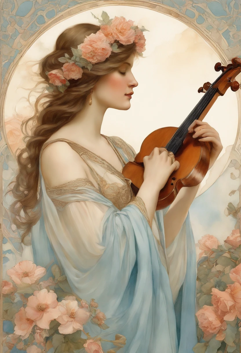 A highly defined super detailed watercolor painting,A woman, gentle gaze, flowers, female figure, detailed cover art, Like a goddess of music, halo of holiness, playing the lute, In the style of Alphonse Maria Mucha and Gustave Kilmut, Accents Art Nova, Alphonse Mucha, Gustavo Klimt, pale blue skin, a marble sculpture, CGSesociedade, gothic art, Arte Nova, Winner of the Behance contest