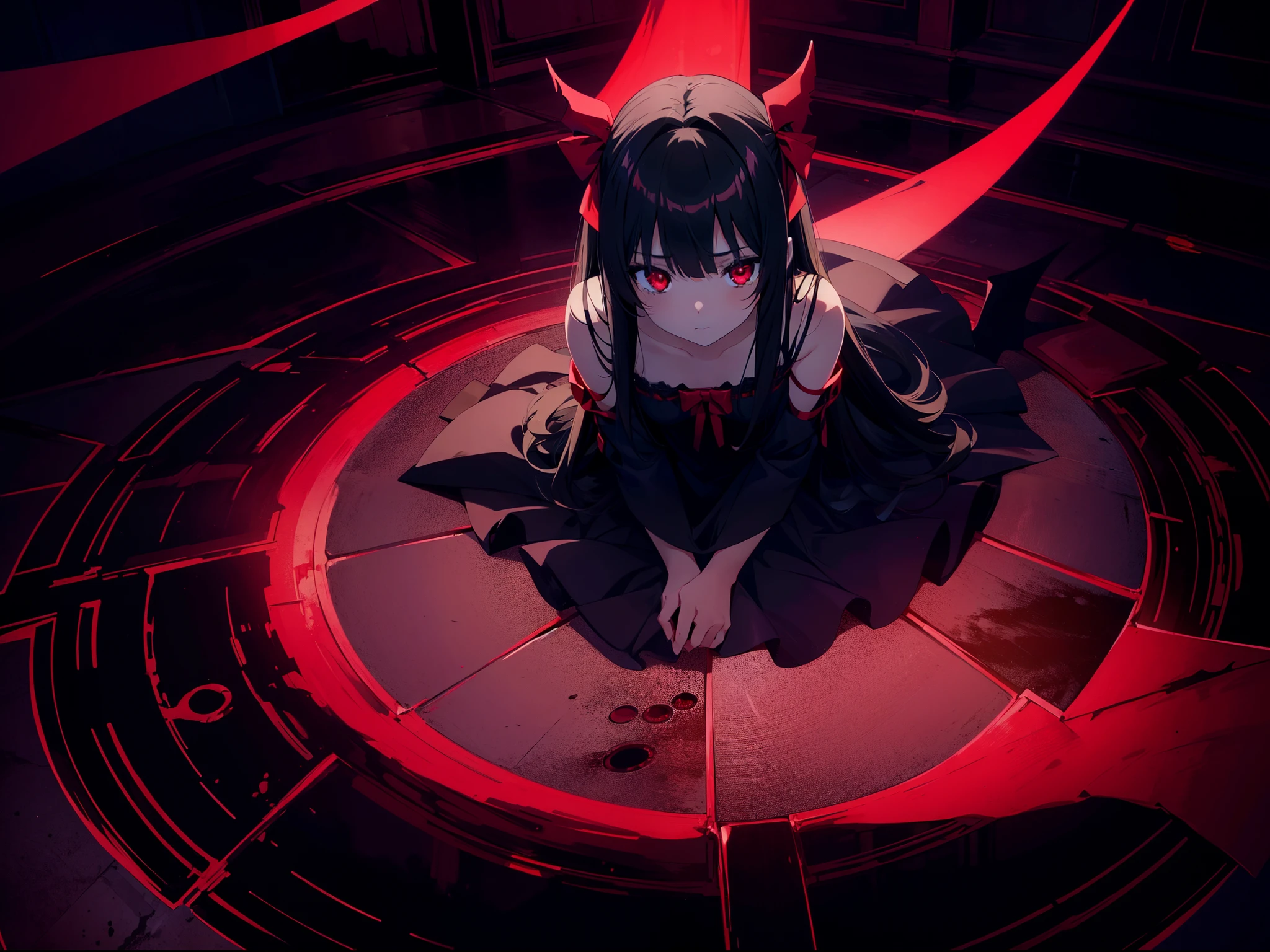 1 loli girl ,cinematic angle, (from above:0.8) , (Summoning daemon ), full body, blood magical circles, dark lighting, (rape face) ,black long straight hair, hair ribbon , red eyes,black dress, glowing eyes,((masterpiece)), ((best quality)), ((ultra-detailed)), (illustration), ((an extremely delicate and beautiful))