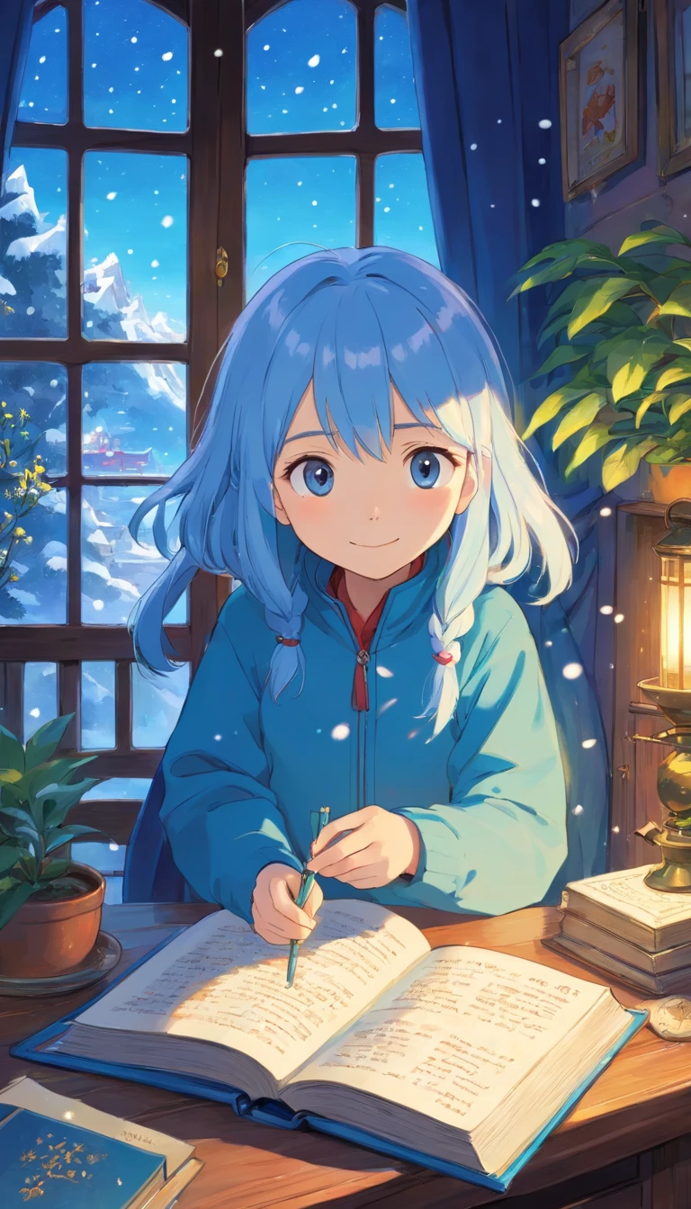 heal，Reject EMO，Very happy，Very happy，Face life with a smile，rays of sunshine，long whitr hair，down jacket，Cloud commissary，Cloud pillows，It was snowing outside the window，Oversized floor-to-ceiling windows，snowflower，looking at book，Small blue flower