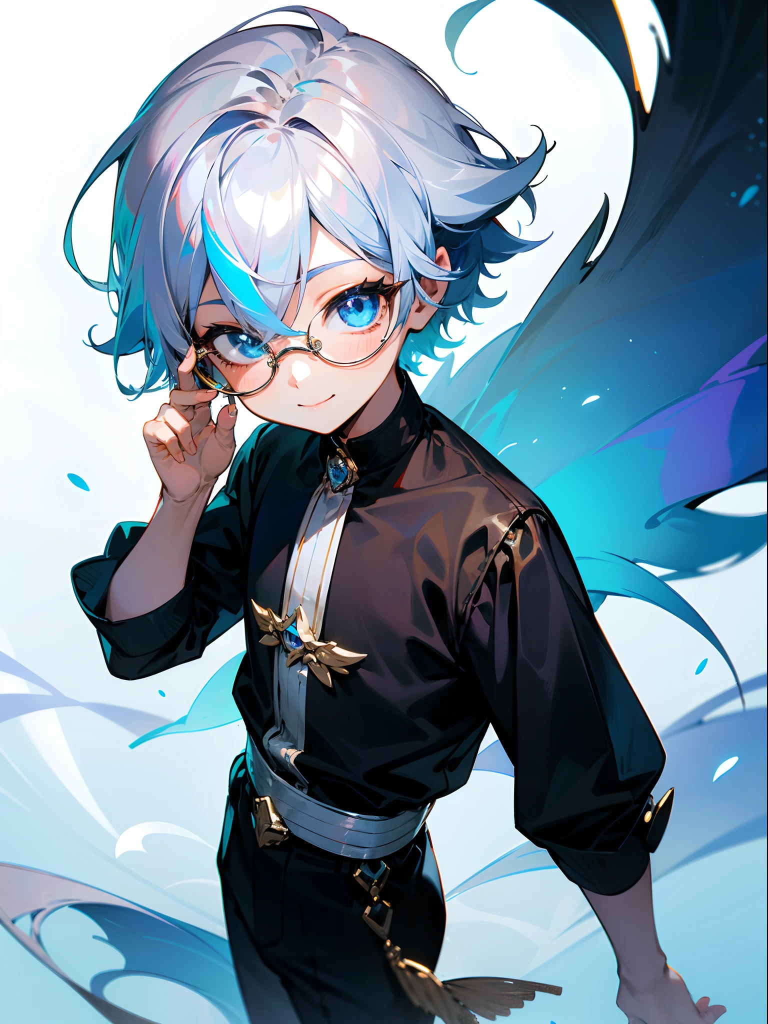 (Male child, eye glasses,blue eyess，A smile, silber hair)，独奏、Iridescent background、Leader Model Pose