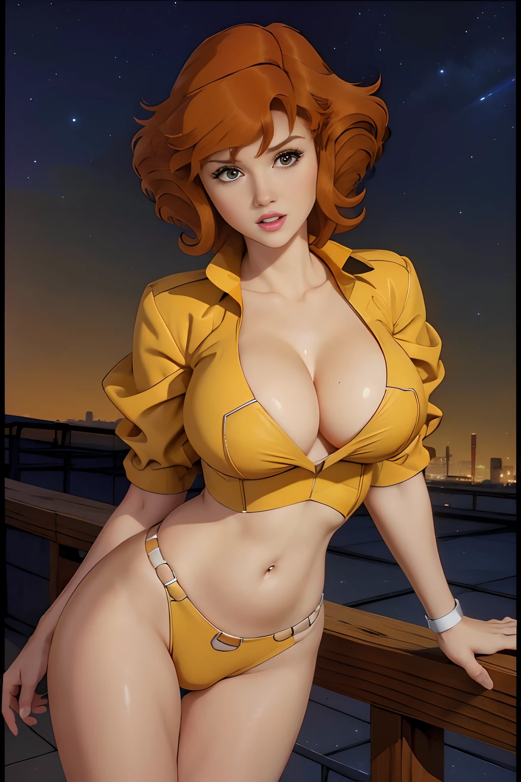 Cowboy shot, April O'Neill, 1980s \(style of\), 1girl, brown hair, orange hair, retro artstyle, Short hair, Yellow bikini, very large_pectorals, wide hips, cleavage, night city background, cute face, Protruding Breasts, nice hands, perfect arms, Torpedo boobs,