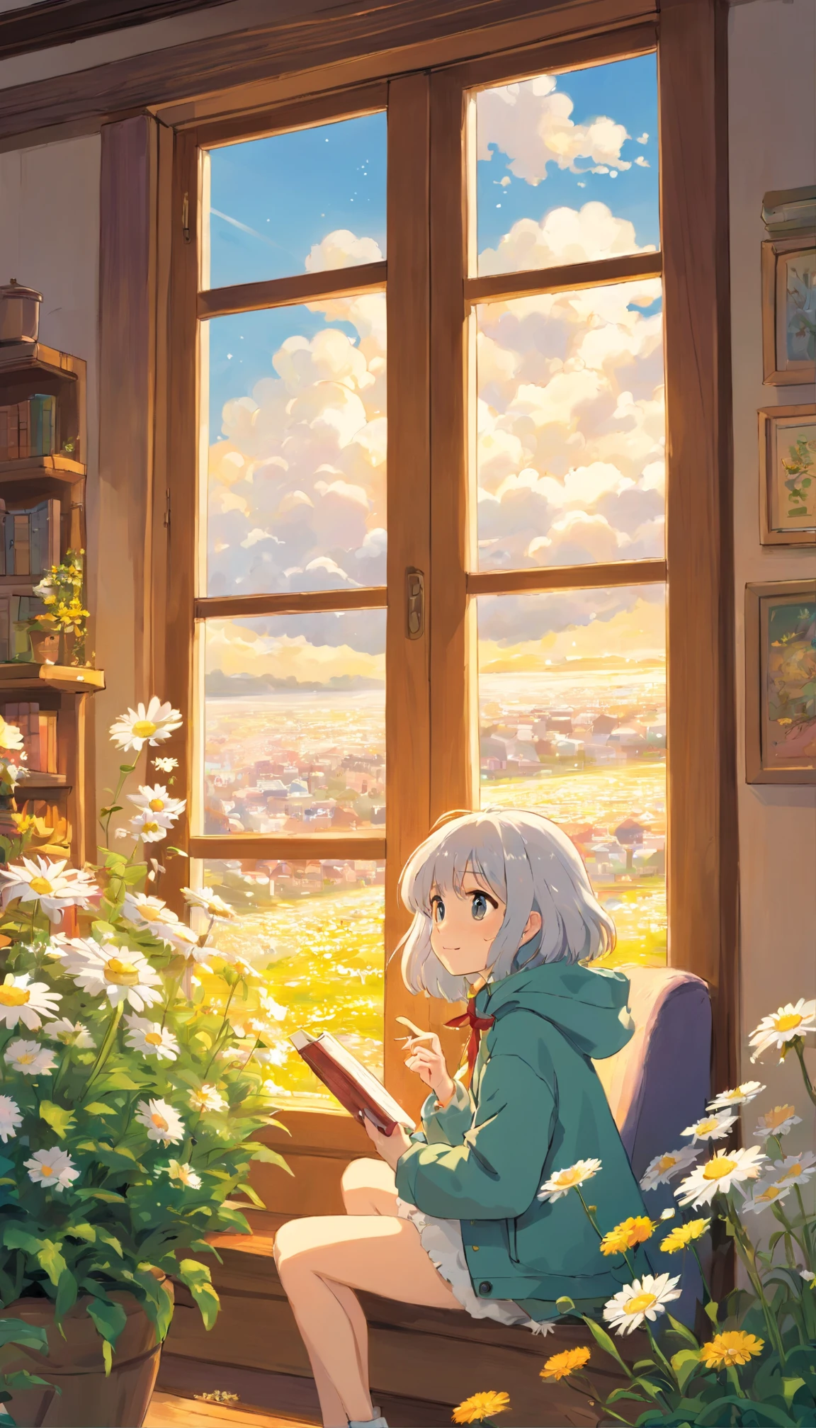 heal，Reject EMO，Very happy，Very happy，Face life with a smile，rays of sunshine，long whitr hair，down jacket，Cloud commissary，Cloud pillows，It was snowing outside the window，Oversized round windows，snowflower，looking at book，small daisies