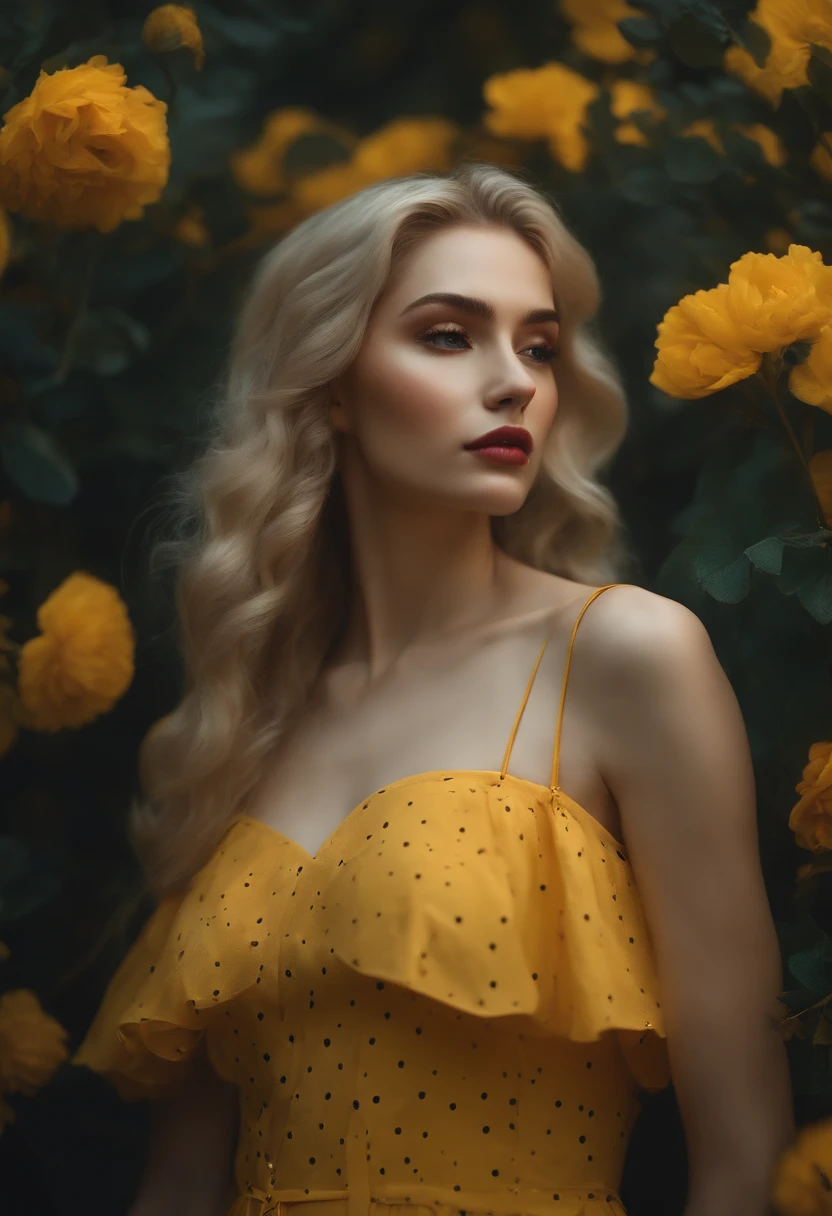 By Bella Kotak, Jon Bauer, David Palumbo, Pretty girl, Deep rich colors, Yellow dress with thin straps and black polka dots, Short dress, oil paint, highly detailed painting, 8k, sharpness, dynamic lighting, background Detailed.