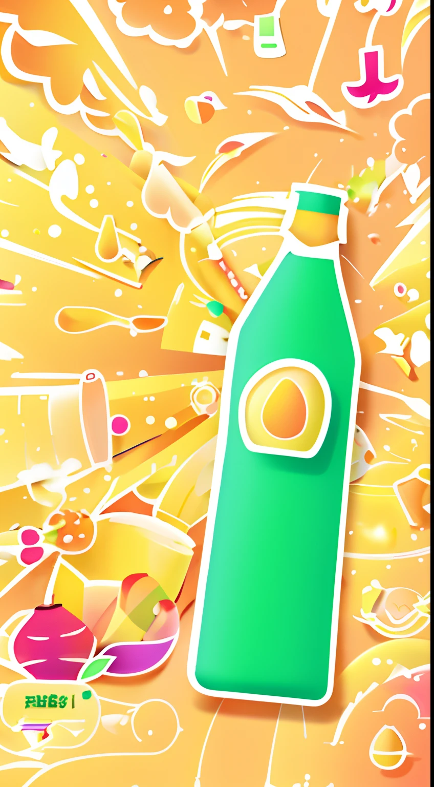 Fruit juice drink print advertising illustration，Line drawings，detail-rich，The main body is a bottle and some fruit，Colorful background