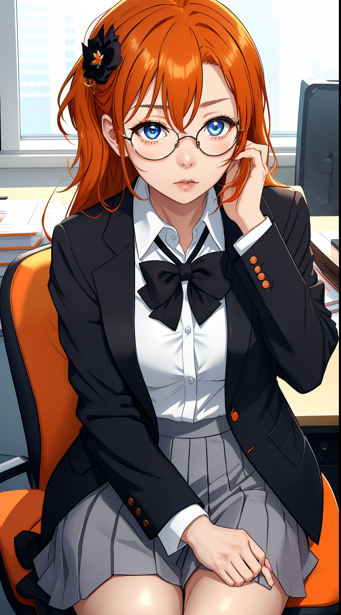 Kousaka honoka, black suit jacket, formal clothes, white strapless top,rectangular glasses, hair ornament, sitting in office, orange hair, blue eyes