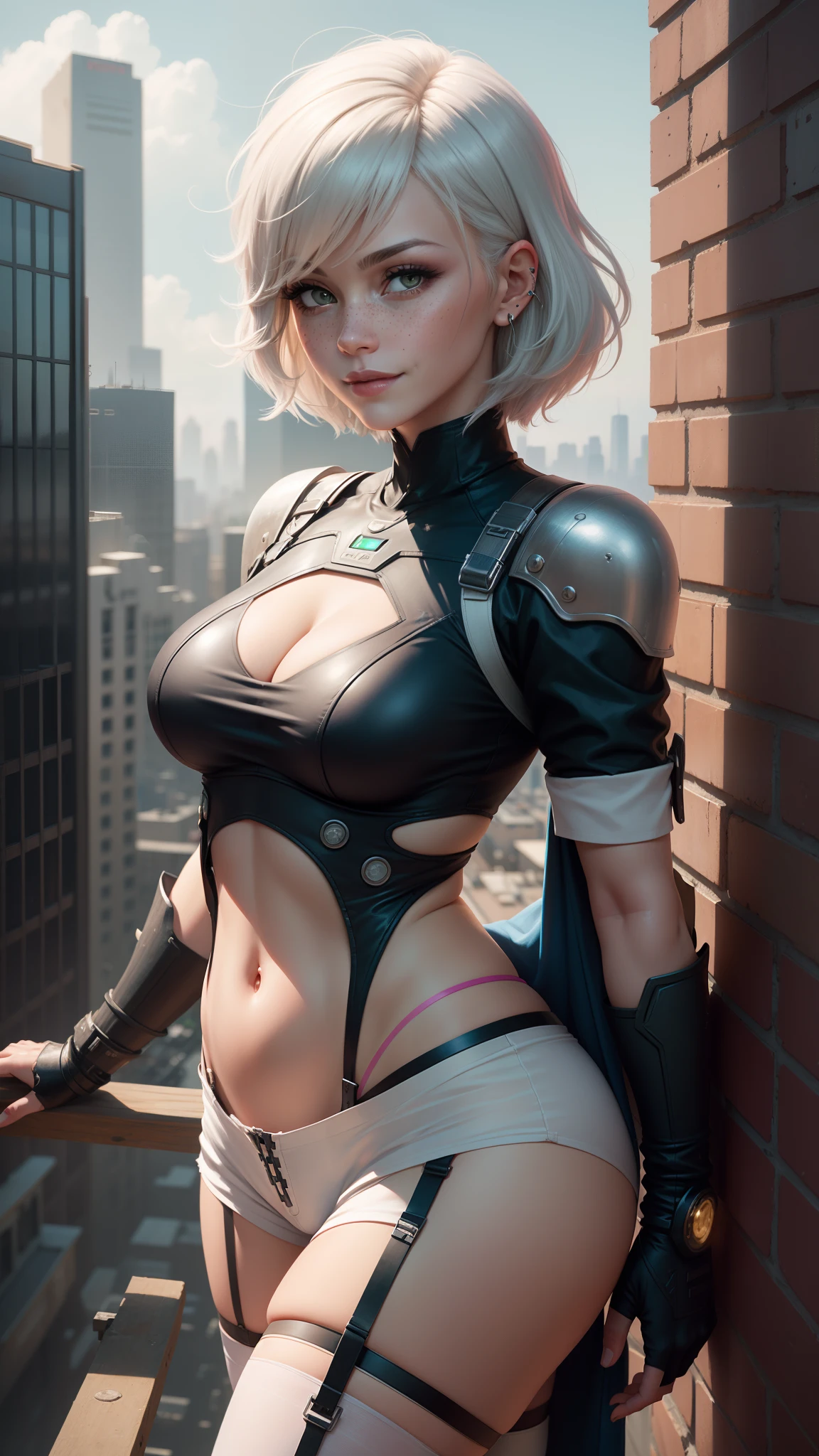 gwen tennyson,tracer,y'shtola rhul, yorha 2b,rebecca chambers,nier automata,overwatch,close up,mecha pilot,city view,tattoos,pink and silver plugsuit,white short sleeve top,white lycra micro shorts,garter belt,uncovered belly,short hair,cute makeup,green eyes,dimensional golden hair,shy smile,freckles,beautiful girl,large breasts,8k,ultra detailed,realistic,fantasy art,cyborg armor,superhero outfit,ear piercings,saiyan girl,saiyan female,white short sleeve pilot jacket,superhero angle, superhero pose,building roof view,