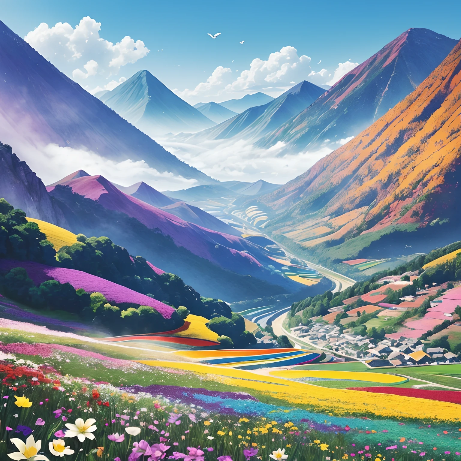 Seven dancers are dancing happily in the distance(hazy)、Colorful flower fields、Colorful flowers are dancing、Square in the middle、Gardens on both sides、whitish mountain々、blue-sky、A lively festival、Western-style atmosphere、A small bird is flying、Colorful flowers bloom everywhere、ue、