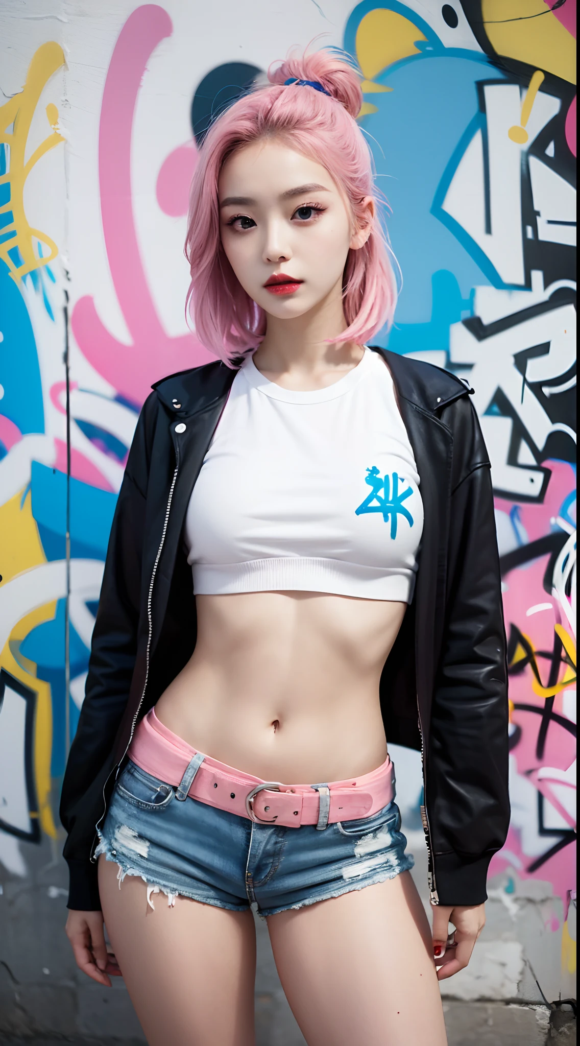 best quality, Clarity, 4k, 8k, detail, actual, Beautiful Girl, Korean makeup, Red lips, pink and blue hair, Perfect body, thigh, stand, pose standing, medium chest, Graffiti crop top, Checkered striped skirt, Solid graffiti wall background, Graffiti art,